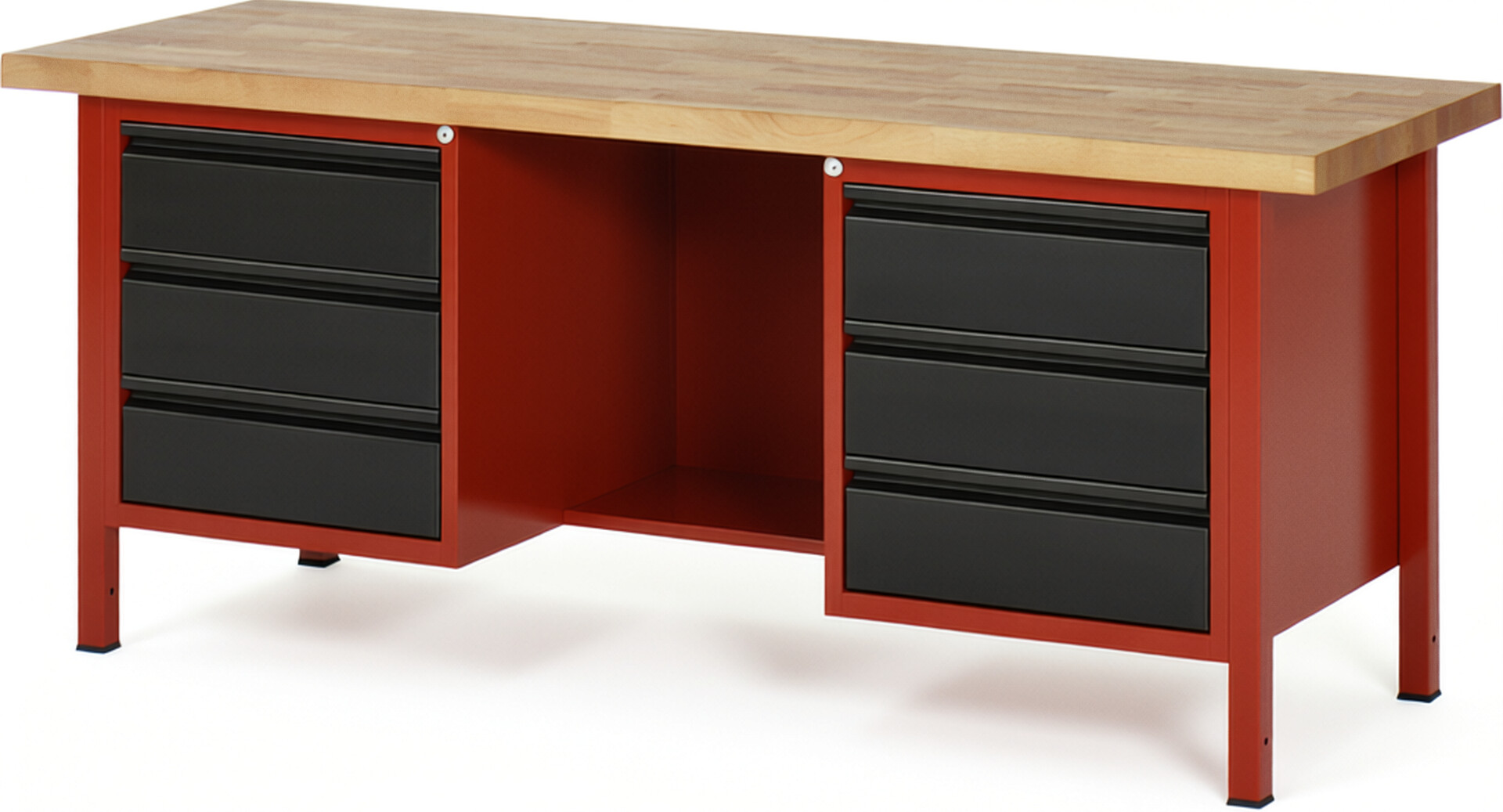 Werkbank - Modell 8554 BASIC rot - schwarz, BxTxH 2000x700x840-1040 mm,  Buche-Massiv Arbeitsplatte 40 mm,  6 Schubladen mit  Auszug 90 %