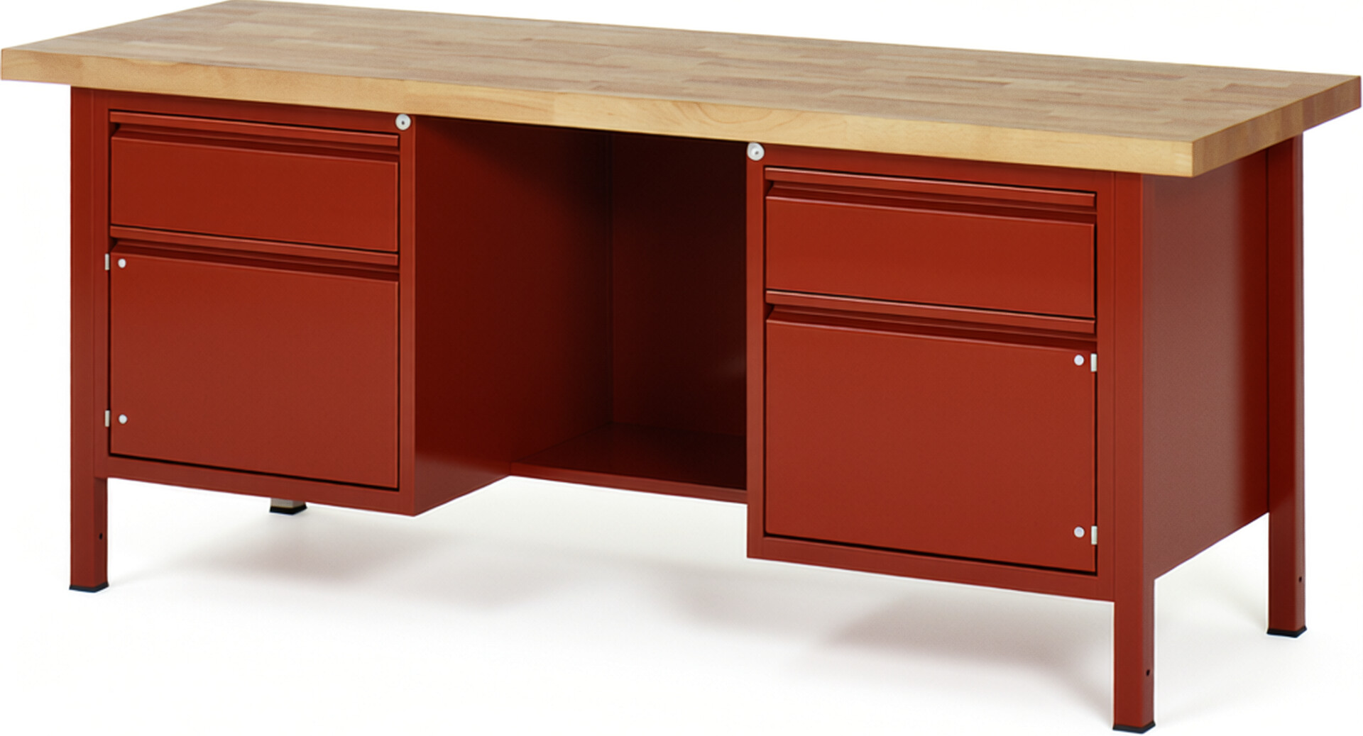 Werkbank - Modell 8551 BASIC rot, BxTxH 2000x700x840 mm,  Buche-Massiv Arbeitsplatte 40 mm,  2 Schubladen mit  Auszug 90 %