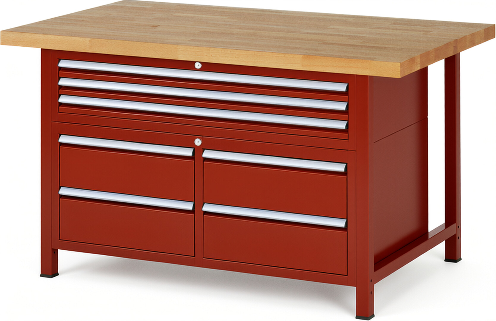 Werkbank Modell 8924 rot, BxTxH 1500x900x840 mm,  Buche-Massiv Arbeitsplatte 40 mm,  7 Schubladen mit  Vollauszug 100 % und  SoftClosing