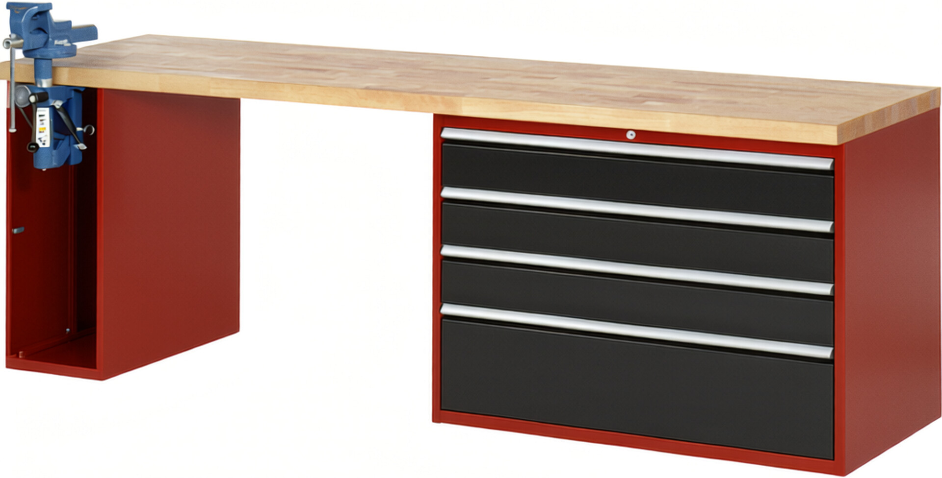 Werkbank Modell 7710 rot - schwarz, BxTxH 2500x700x840 mm,  Buche-Massiv Arbeitsplatte 40 mm,  4 Schubladen mit  Auszug 90 %