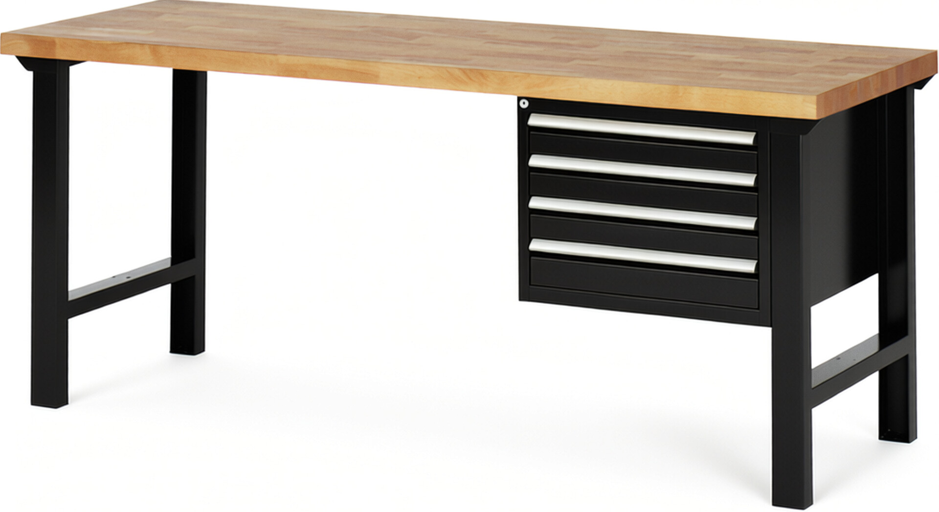 Werkbank Modell 7133 schwarz, BxTxH 2000x700x840 mm,  Buche-Massiv Arbeitsplatte 40 mm,  4 Schubladen mit  Vollauszug 100 % und  SoftClosing