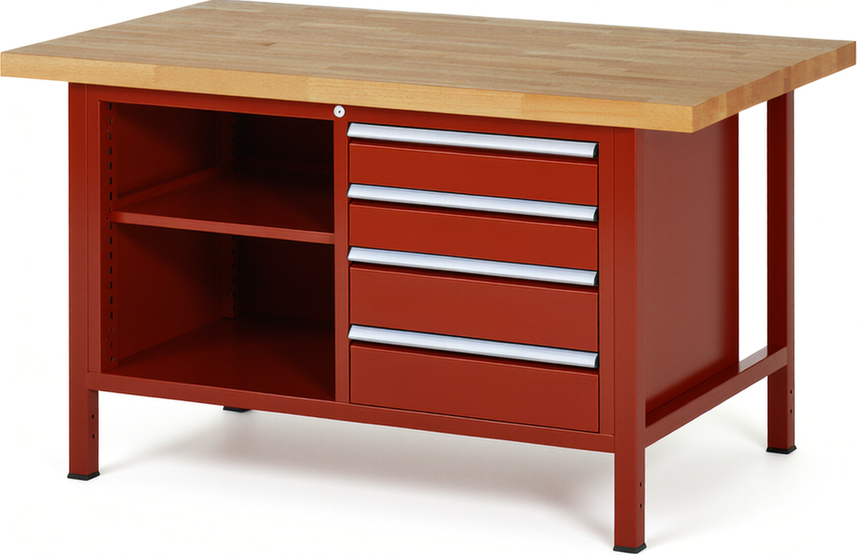 Werkbank Modell 8463 rot, BxTxH 1500x900x840-1040 mm,  Buche-Massiv Arbeitsplatte 40 mm,  4 Schubladen mit  Auszug 90 %