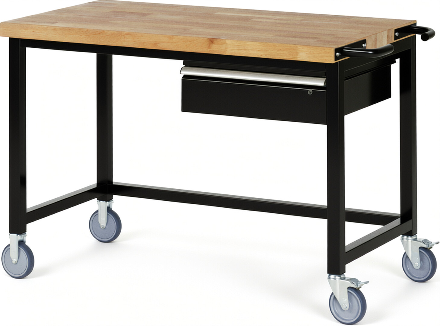 Fahrbare Werkbank Modell 8001 schwarz, BxTxH 1250x700x880-1080 mm,  Buche-Massiv Arbeitsplatte 40 mm,  1 Schublade mit  Auszug 90 %