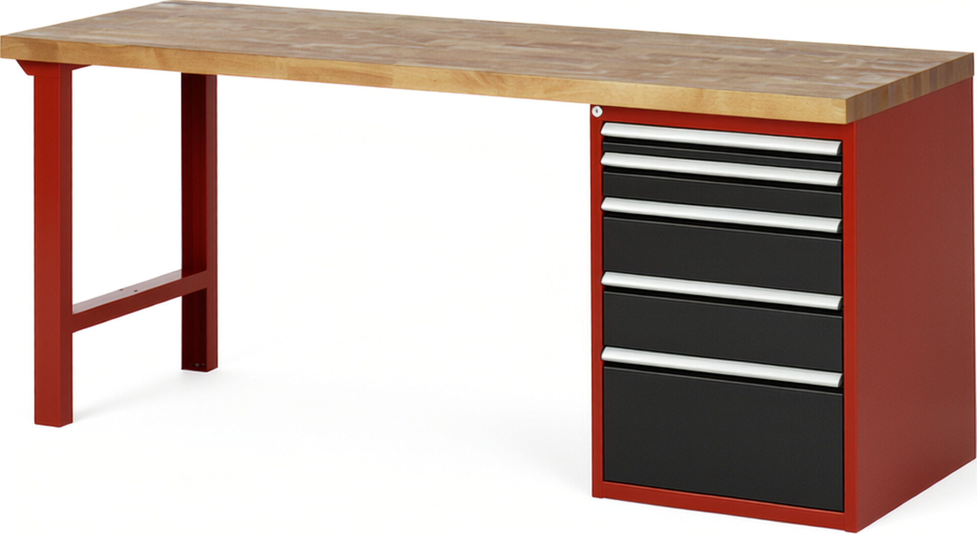 Werkbank Modell 7511 rot - schwarz, BxTxH 2000x700x890 mm,  Buche-Massiv Arbeitsplatte 40 mm,  5 Schubladen mit  Auszug 90 %