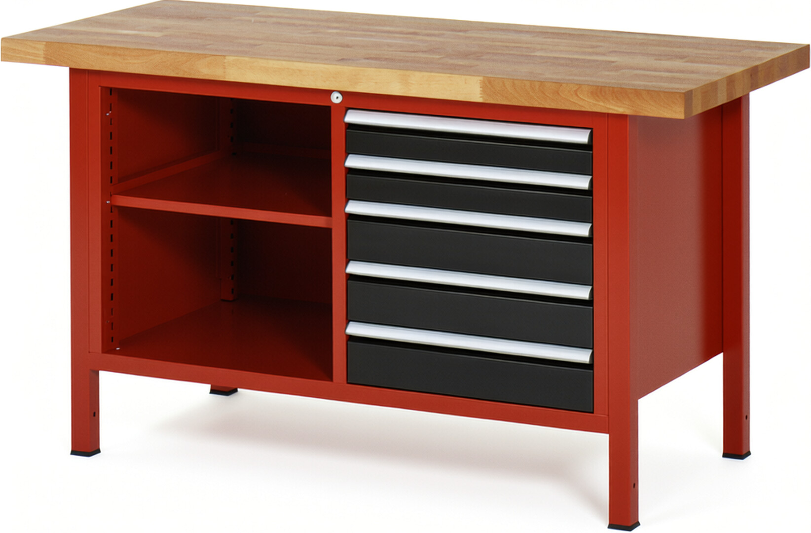 Werkbank Modell 8464 rot - schwarz, BxTxH 1500x700x840-1040 mm,  Buche-Massiv Arbeitsplatte 40 mm,  5 Schubladen mit  Auszug 90 %