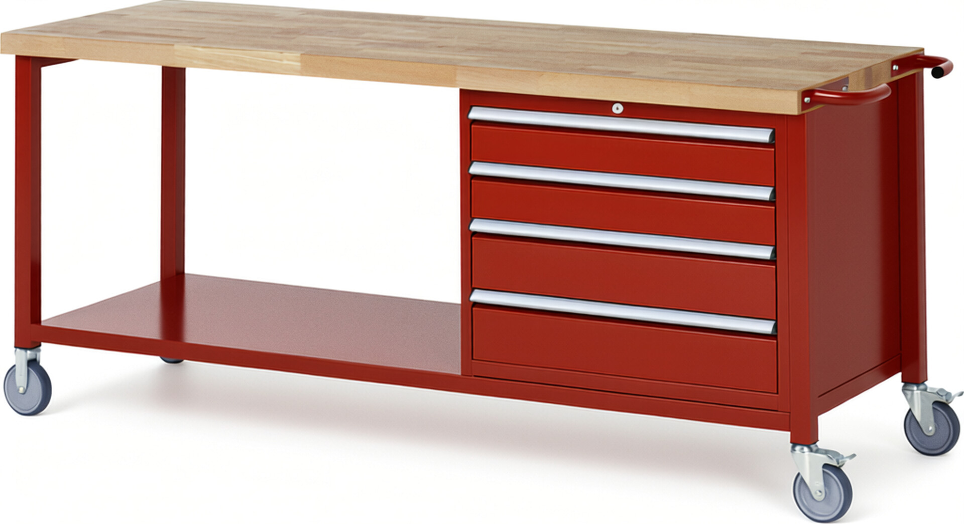 Fahrbare Werkbank Modell 8262 rot, BxTxH 2000x700x880-1080 mm,  Buche-Massiv Arbeitsplatte 40 mm,  4 Schubladen mit  Vollauszug 100 % und  SoftClosing