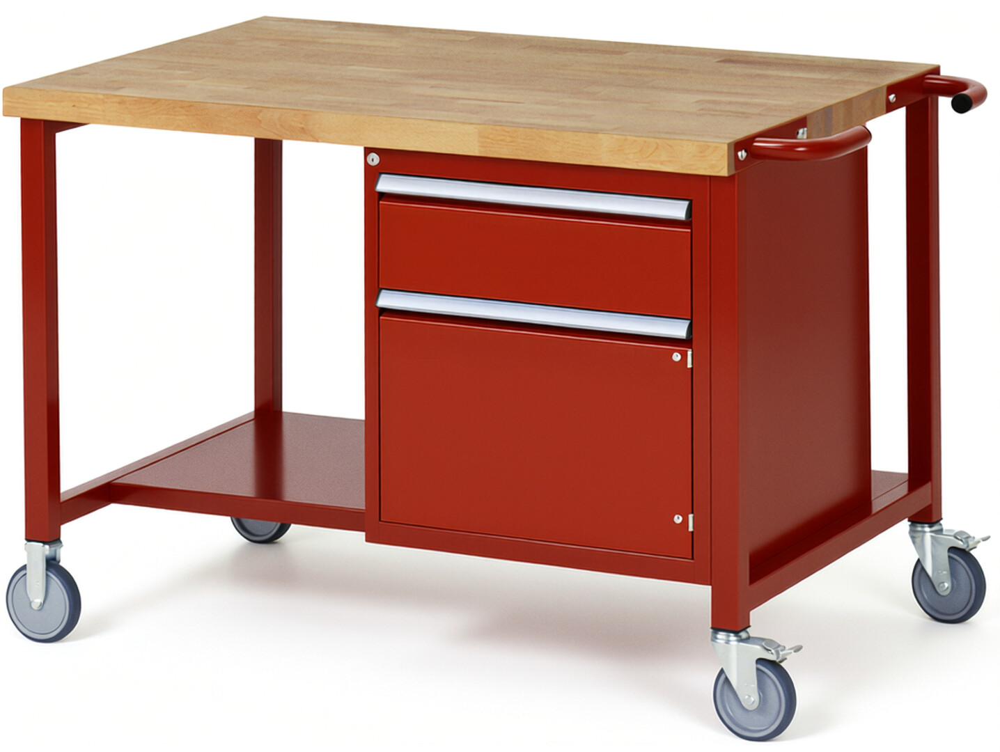 Fahrbare Werkbank Modell 8152 rot, BxTxH 1250x900x880 mm,  Buche-Massiv Arbeitsplatte 40 mm,  1 Schublade mit  Vollauszug 100 % und  SoftClosing