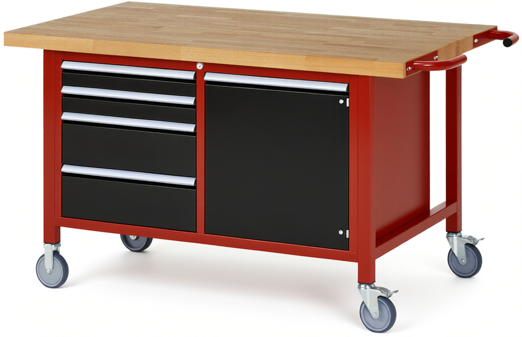 Fahrbare Werkbank Modell 8470 rot - schwarz, BxTxH 1500x900x880 mm,  Buche-Massiv Arbeitsplatte 40 mm,  4 Schubladen mit  Vollauszug 100 % und  SoftClosing
