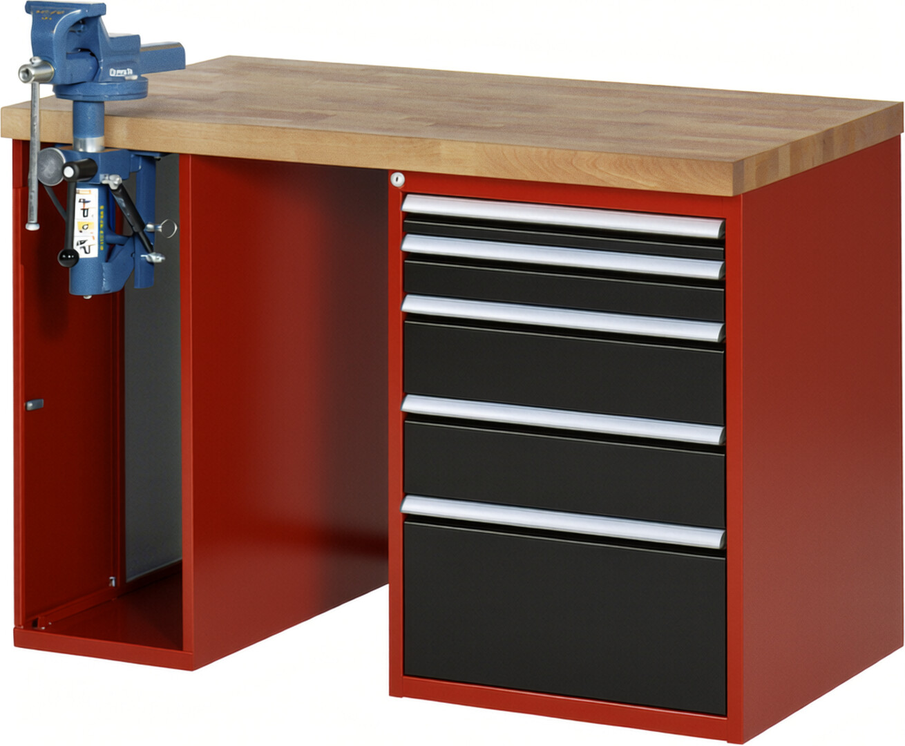 Werkbank Modell 7511 rot - schwarz, BxTxH 1250x700x890 mm,  Buche-Massiv Arbeitsplatte 40 mm,  5 Schubladen mit  Auszug 90 %