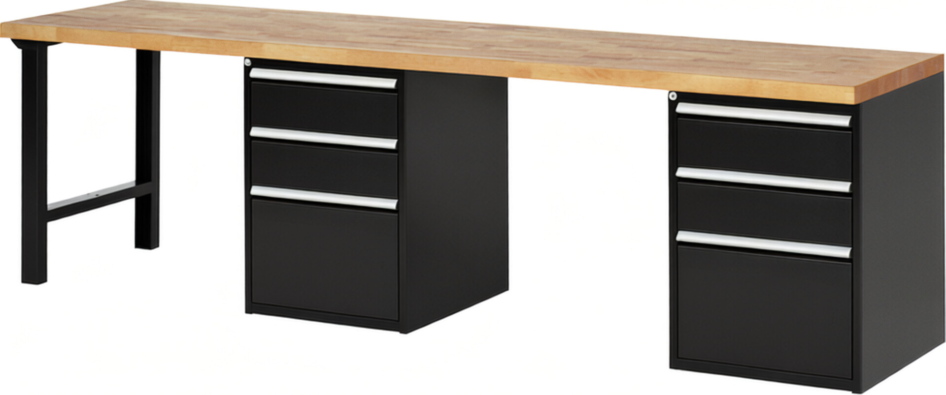 Werkbank Modell 7507 schwarz, BxTxH 3000x700x890 mm,  Buche-Massiv Arbeitsplatte 40 mm,  6 Schubladen mit  Vollauszug 100 % und  SoftClosing
