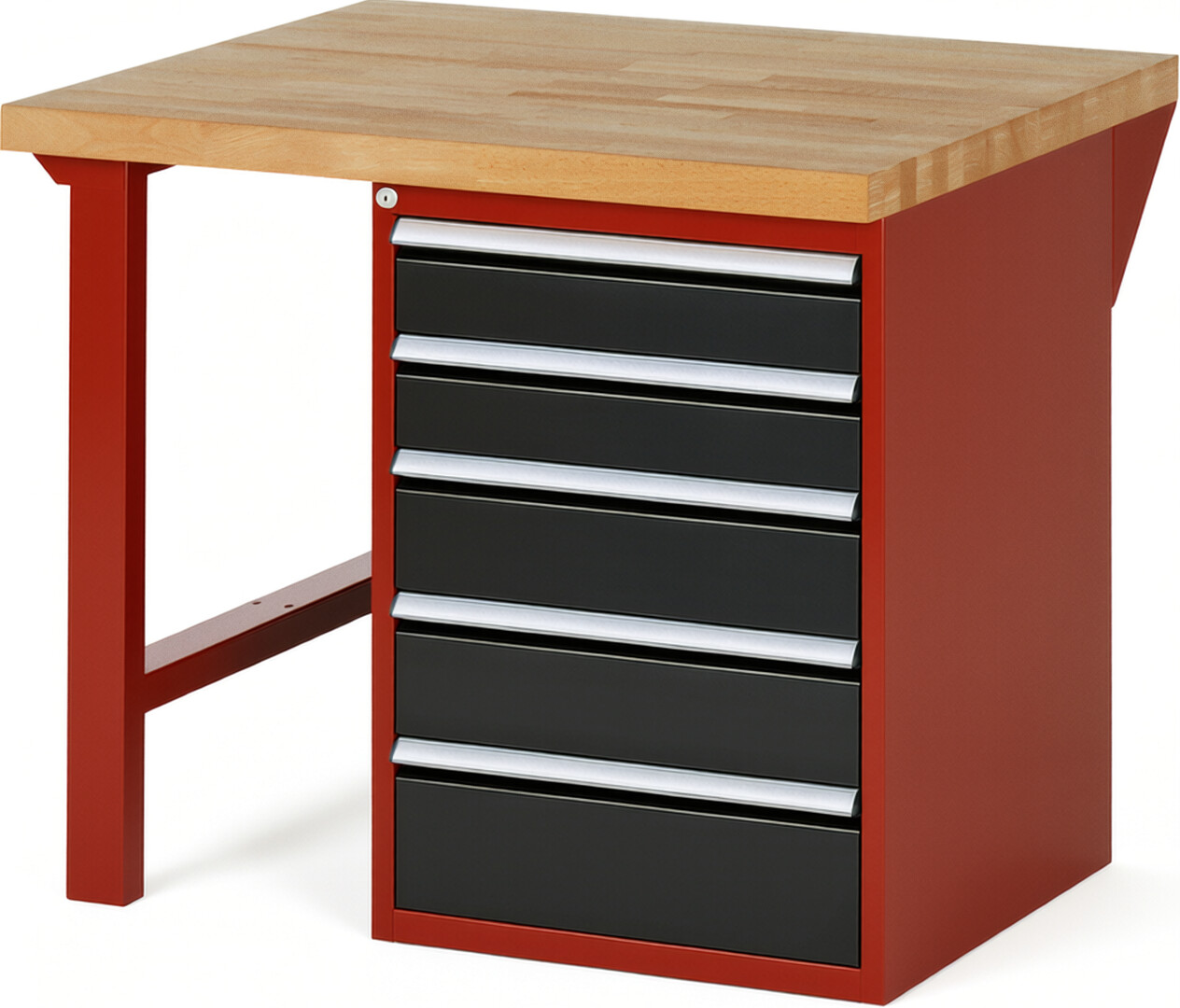 Werkbank Modell 7513 rot - schwarz, BxTxH 1000x900x840 mm,  Buche-Massiv Arbeitsplatte 40 mm,  5 Schubladen mit  Auszug 90 %