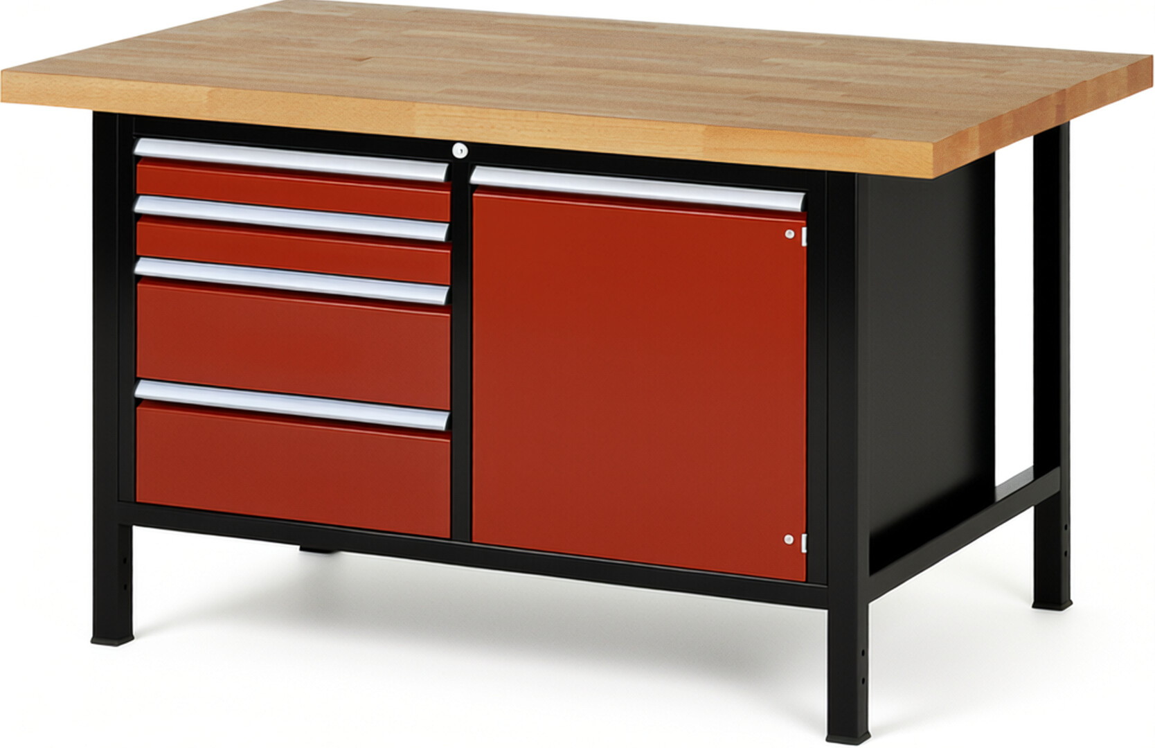 RAU Werkbank schwarz - rot - Breite 150 cm - Tiefe 90 cm - Höhe 104 cm - Buche-Massiv Arbeitsplatte 40 mm
