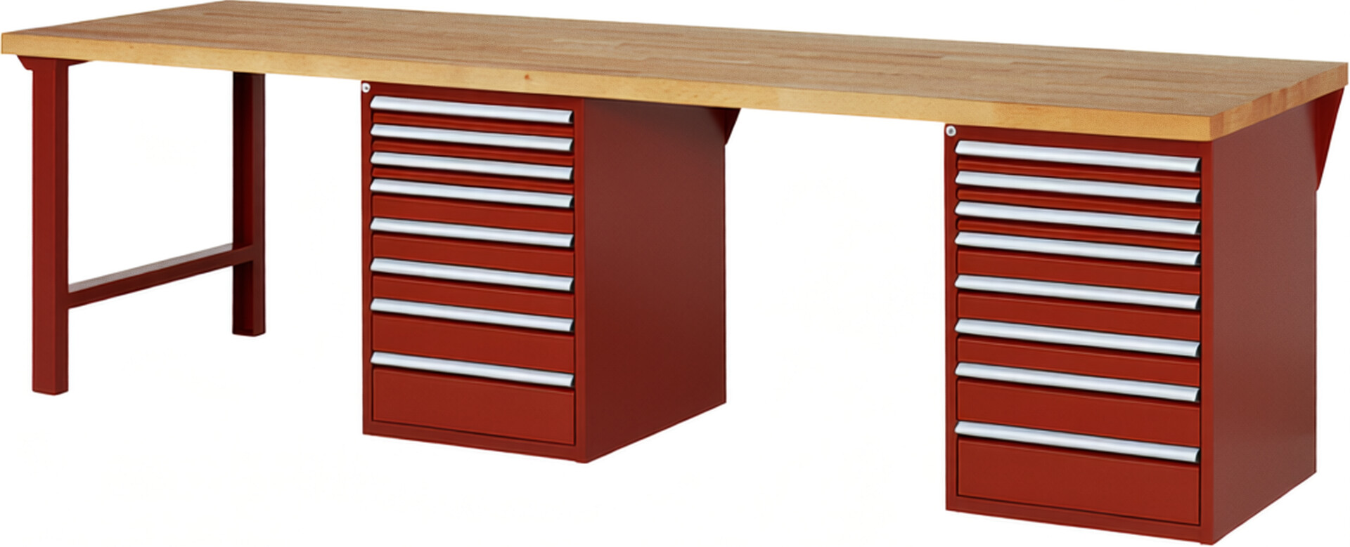 Werkbank Modell 7519 rot, BxTxH 3000x900x840 mm,  Buche-Massiv Arbeitsplatte 40 mm,  16 Schubladen mit  Auszug 90 %