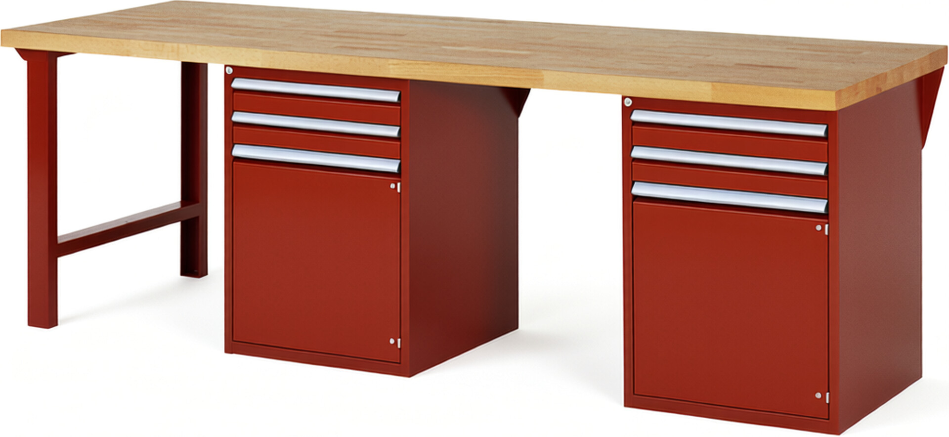 Werkbank Modell 7503 rot, BxTxH 2500x900x840 mm,  Buche-Massiv Arbeitsplatte 40 mm,  4 Schubladen mit  Auszug 90 %