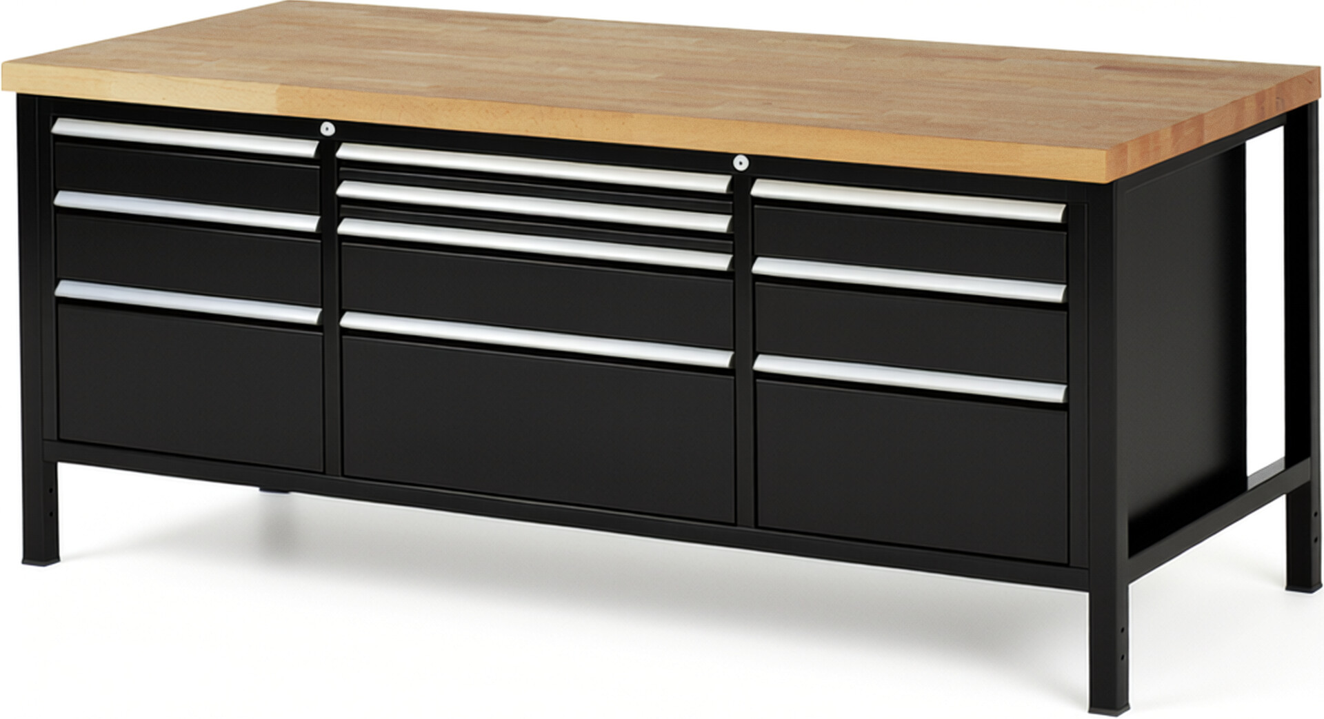 Werkbank Modell 8756 schwarz, BxTxH 2000x900x840-1040 mm,  Buche-Massiv Arbeitsplatte 40 mm,  10 Schubladen mit  Vollauszug 100 % und  SoftClosing