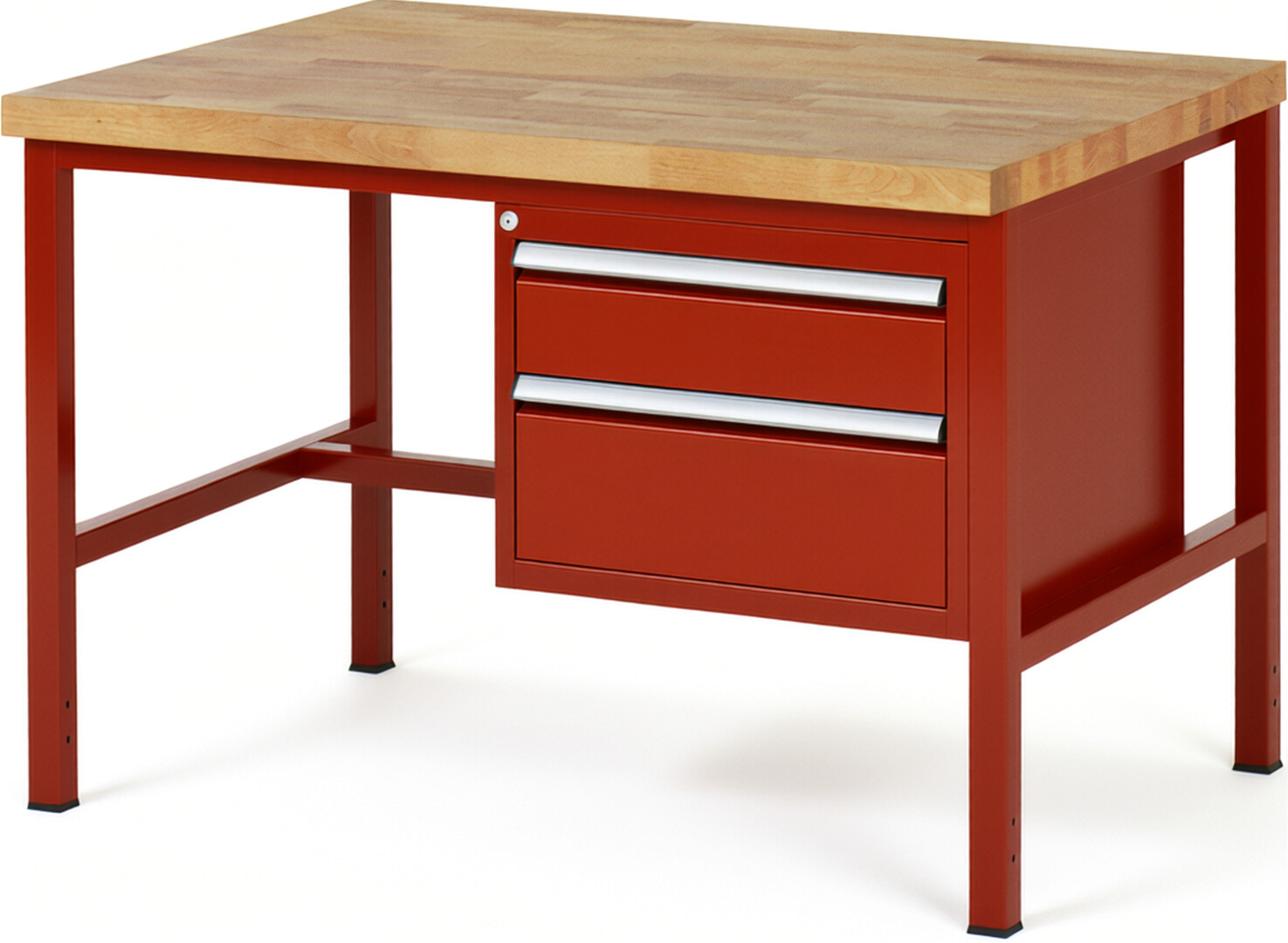 Werkbank Modell 8123 rot, BxTxH 1250x900x840-1040 mm,  Buche-Massiv Arbeitsplatte 40 mm,  2 Schubladen mit  Auszug 90 %