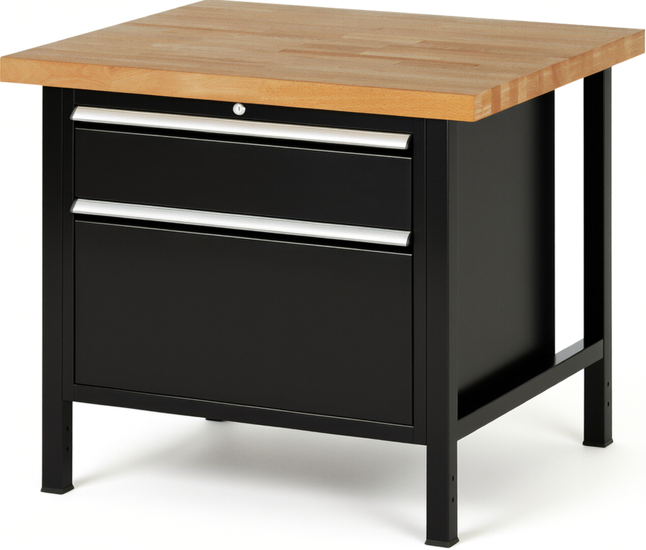 Werkbank Modell 8256 schwarz, BxTxH 1000x900x840-1040 mm,  Buche-Massiv Arbeitsplatte 40 mm,  2 Schubladen mit  Vollauszug 100 % und  SoftClosing