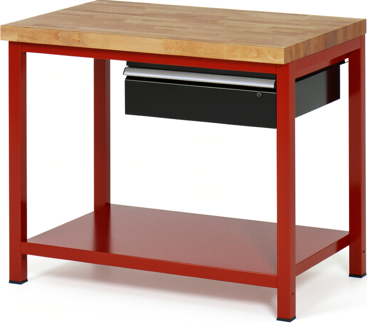 Werkbank Modell 8001 rot - schwarz, BxTxH 1000x700x840 mm,  Buche-Massiv Arbeitsplatte 40 mm,  1 Schublade mit  Auszug 90 %
