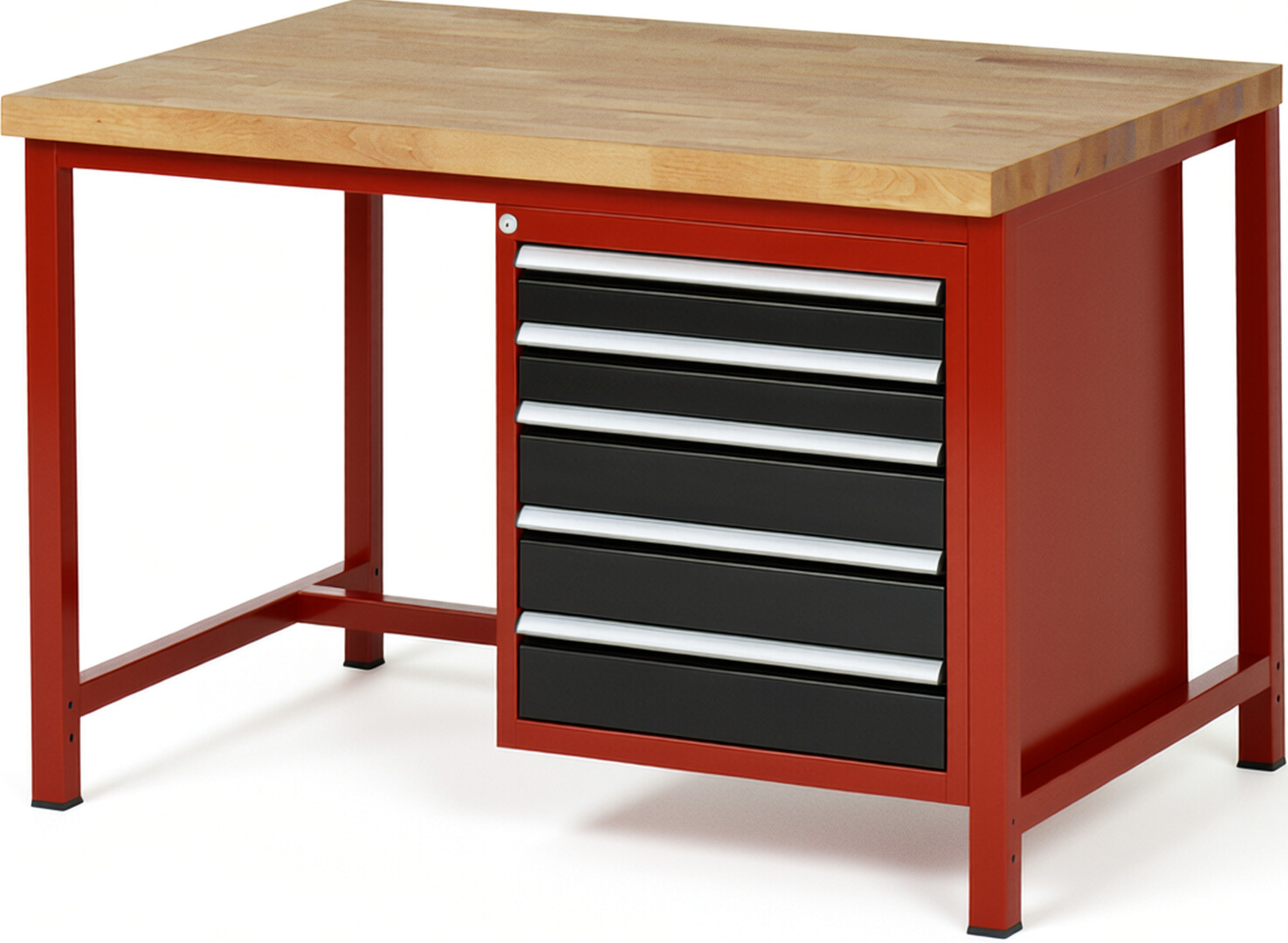 Werkbank Modell 8171 rot - schwarz, BxTxH 1250x900x840-1040 mm,  Buche-Massiv Arbeitsplatte 40 mm,  5 Schubladen mit  Auszug 90 %