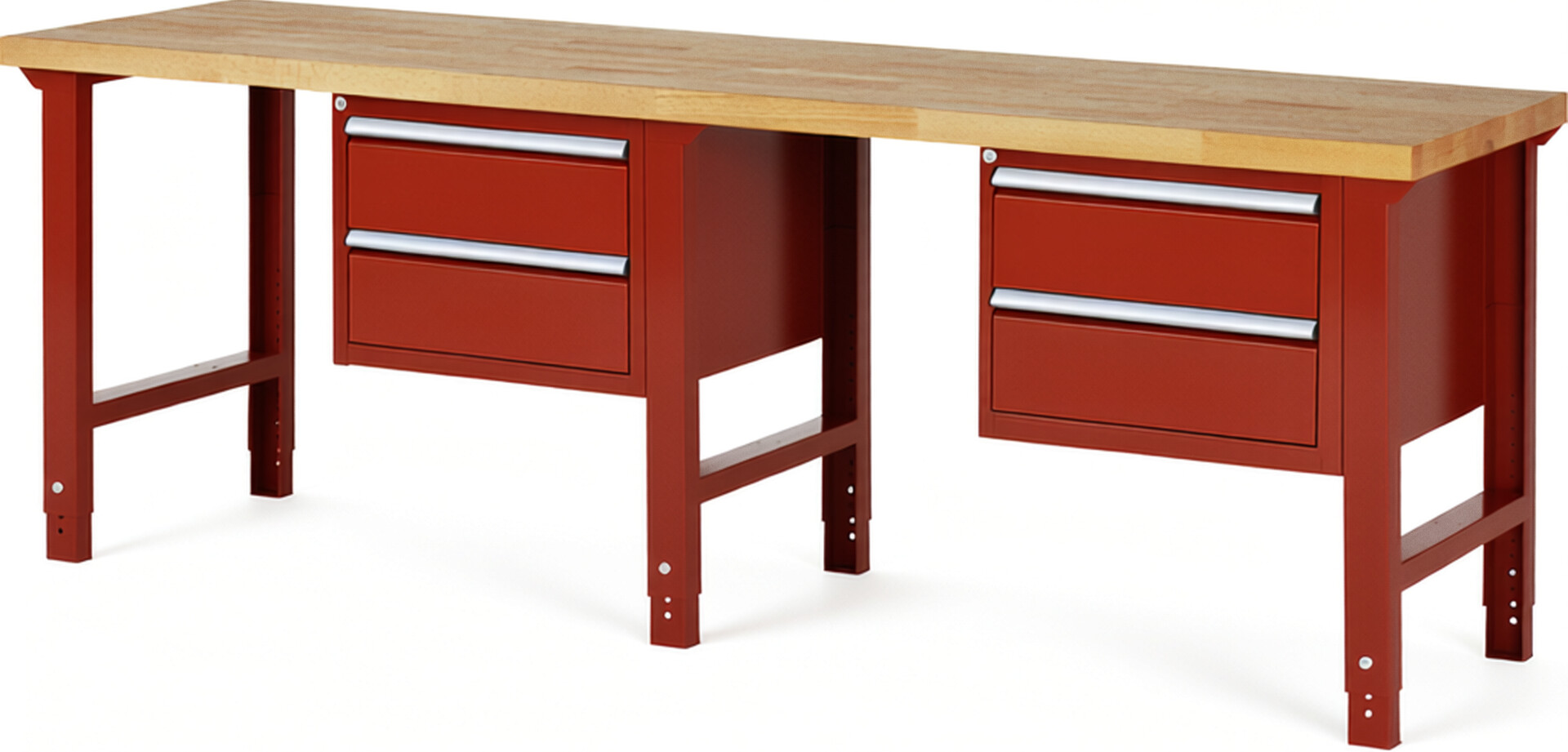 Werkbank Modell 7125 rot, BxTxH 2500x700x790-1140 mm,  Buche-Massiv Arbeitsplatte 40 mm,  4 Schubladen mit  Vollauszug 100 % und  SoftClosing