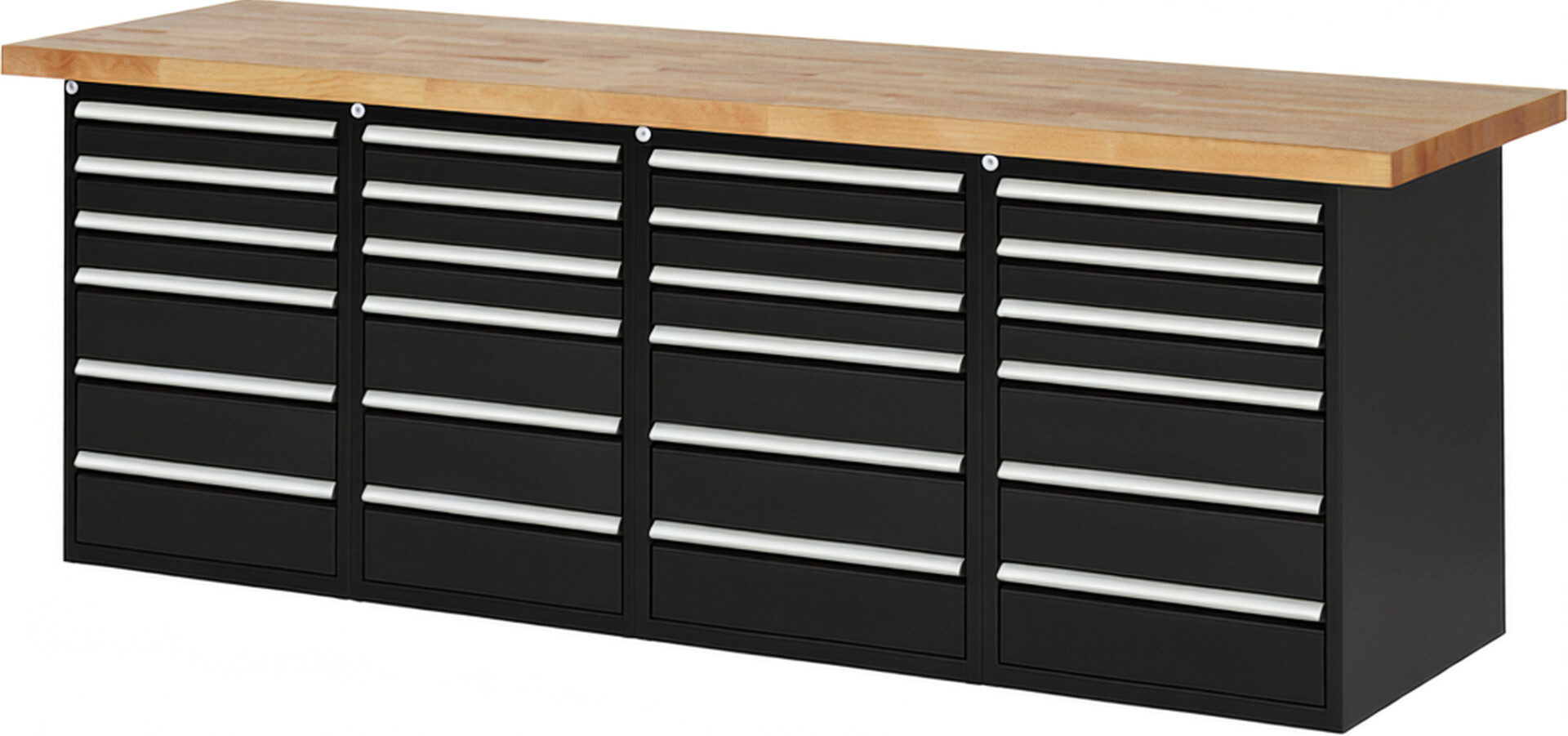 Werkbank Modell 7515 schwarz, BxTxH 2500x700x890 mm,  Buche-Massiv Arbeitsplatte 40 mm,  24 Schubladen mit  Auszug 90 %