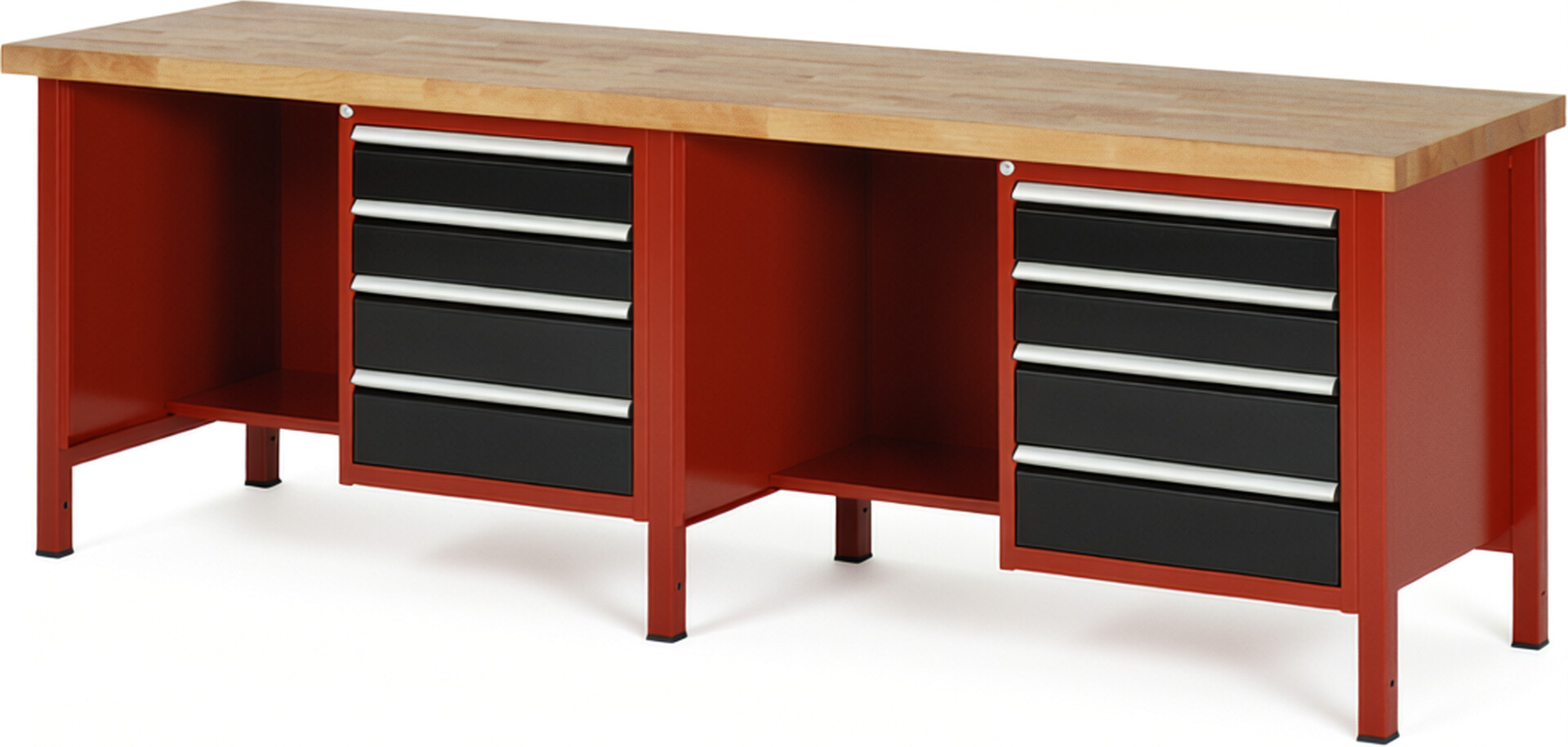 Werkbank Modell 8453 rot - schwarz, BxTxH 2500x700x840 mm,  Buche-Massiv Arbeitsplatte 40 mm,  8 Schubladen mit  Auszug 90 %