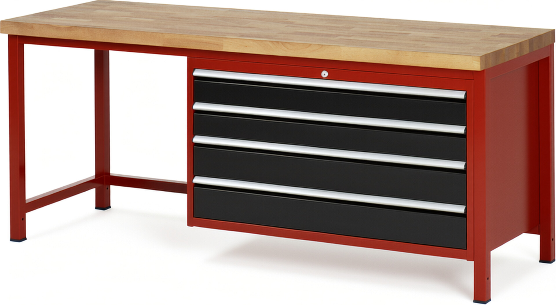 Werkbank Modell 8362 rot - schwarz, BxTxH 2000x700x840 mm,  Buche-Massiv Arbeitsplatte 40 mm,  4 Schubladen mit  Vollauszug 100 % und  SoftClosing