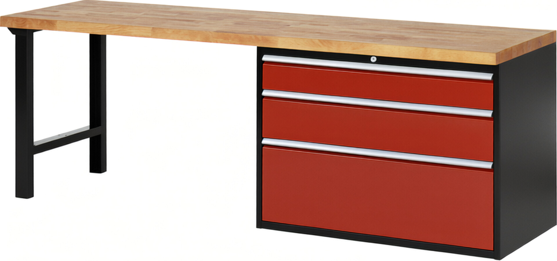 RAU Werkbank schwarz - rot - Breite 250 cm - Tiefe 70 cm - Höhe 89 cm - Buche-Massiv Arbeitsplatte 40 mm