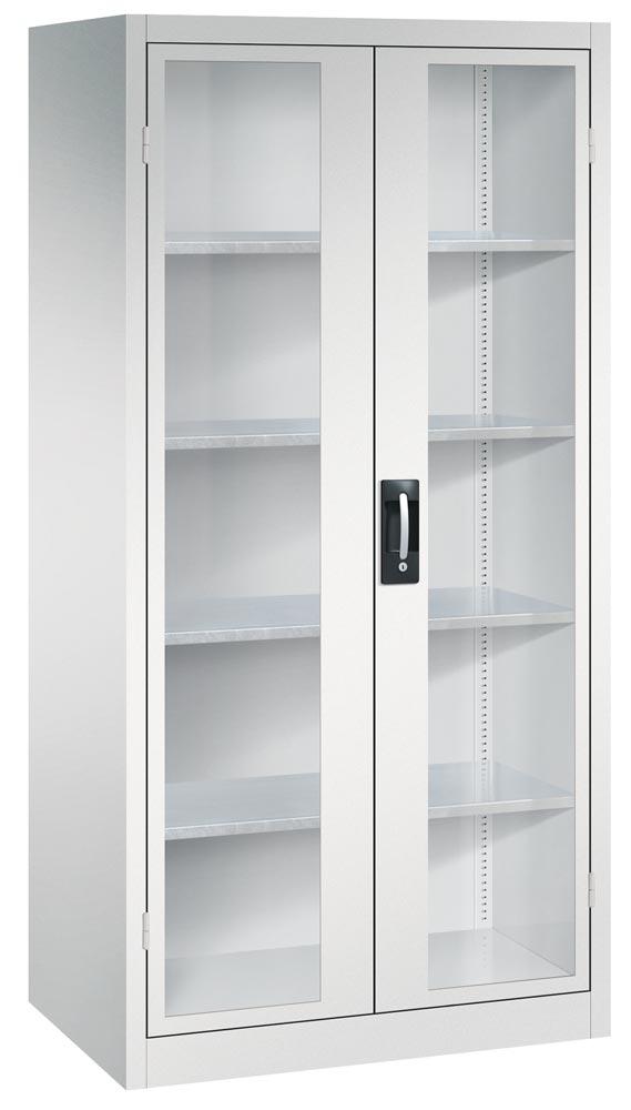 C+P Großraum Werkzeugschrank, Materiallager, Stahlschrank mit Sichtfenstertüren, 4 Fachböden, Farbe lichtgrau, 1.950 x 930 x 600 (HxBxT)
