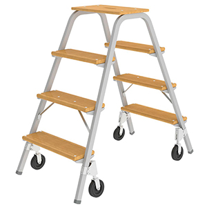 Trittleiter, Stufentritt, Arbeitshöhe 2,8 m, 4 Stufen, Gewicht 16,8 kg, mit 4 Brems-Bockrollen für Längsfahrtrichtung