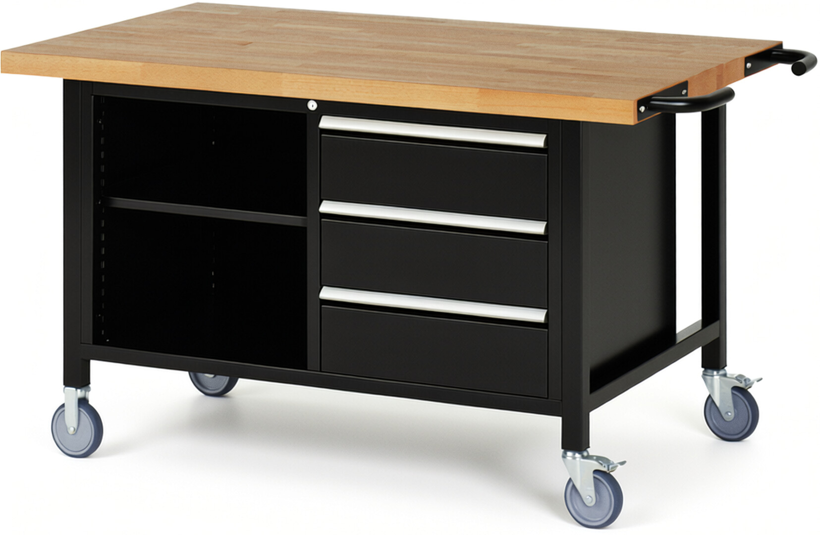 Fahrbare Werkbank Modell 8462 schwarz, BxTxH 1500x900x880 mm,  Buche-Massiv Arbeitsplatte 40 mm,  3 Schubladen mit  Auszug 90 %