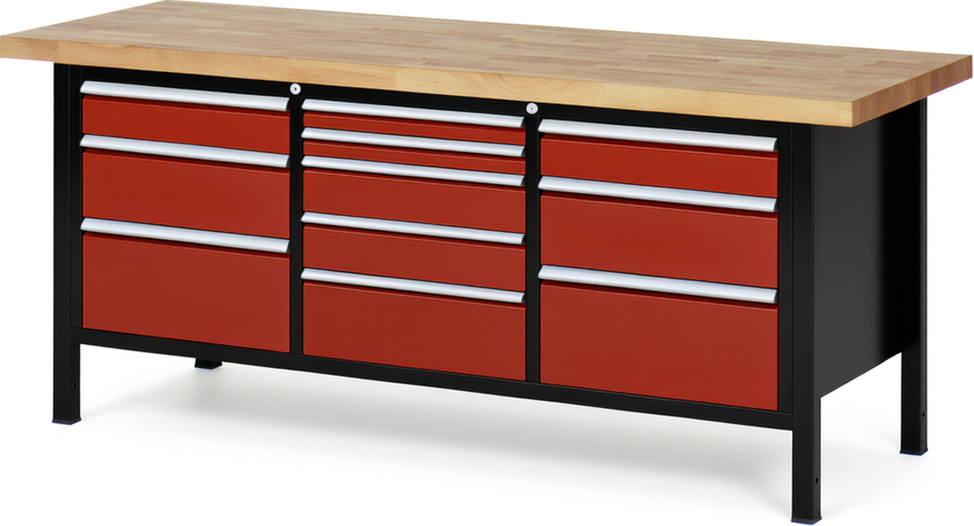 RAU Werkbank schwarz - rot - Breite 200 cm - Tiefe 70 cm - Höhe 104 cm - Buche-Massiv Arbeitsplatte 40 mm