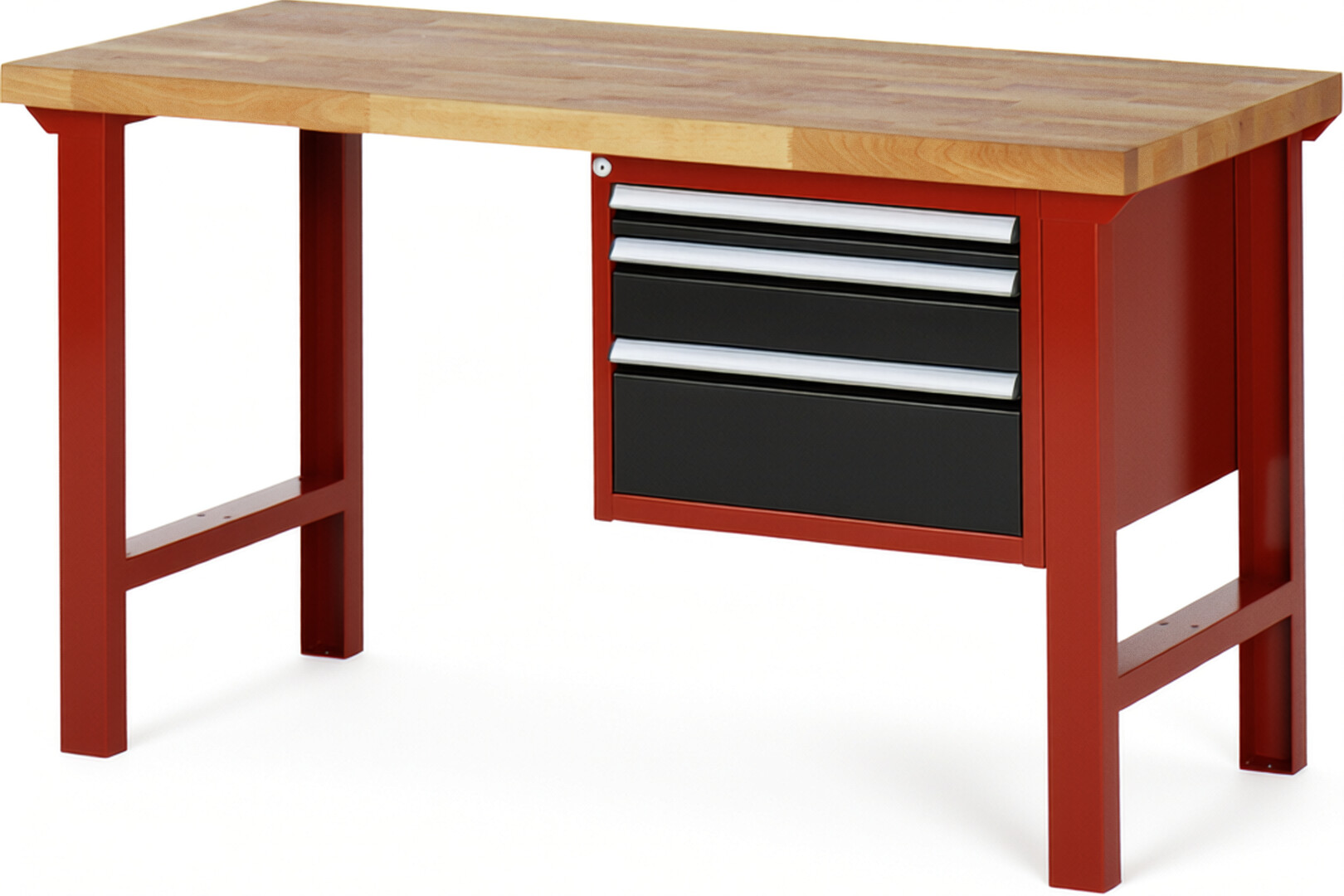 Werkbank Modell 7126 rot - schwarz, BxTxH 1500x700x840 mm,  Buche-Massiv Arbeitsplatte 40 mm,  3 Schubladen mit  Vollauszug 100 % und  SoftClosing
