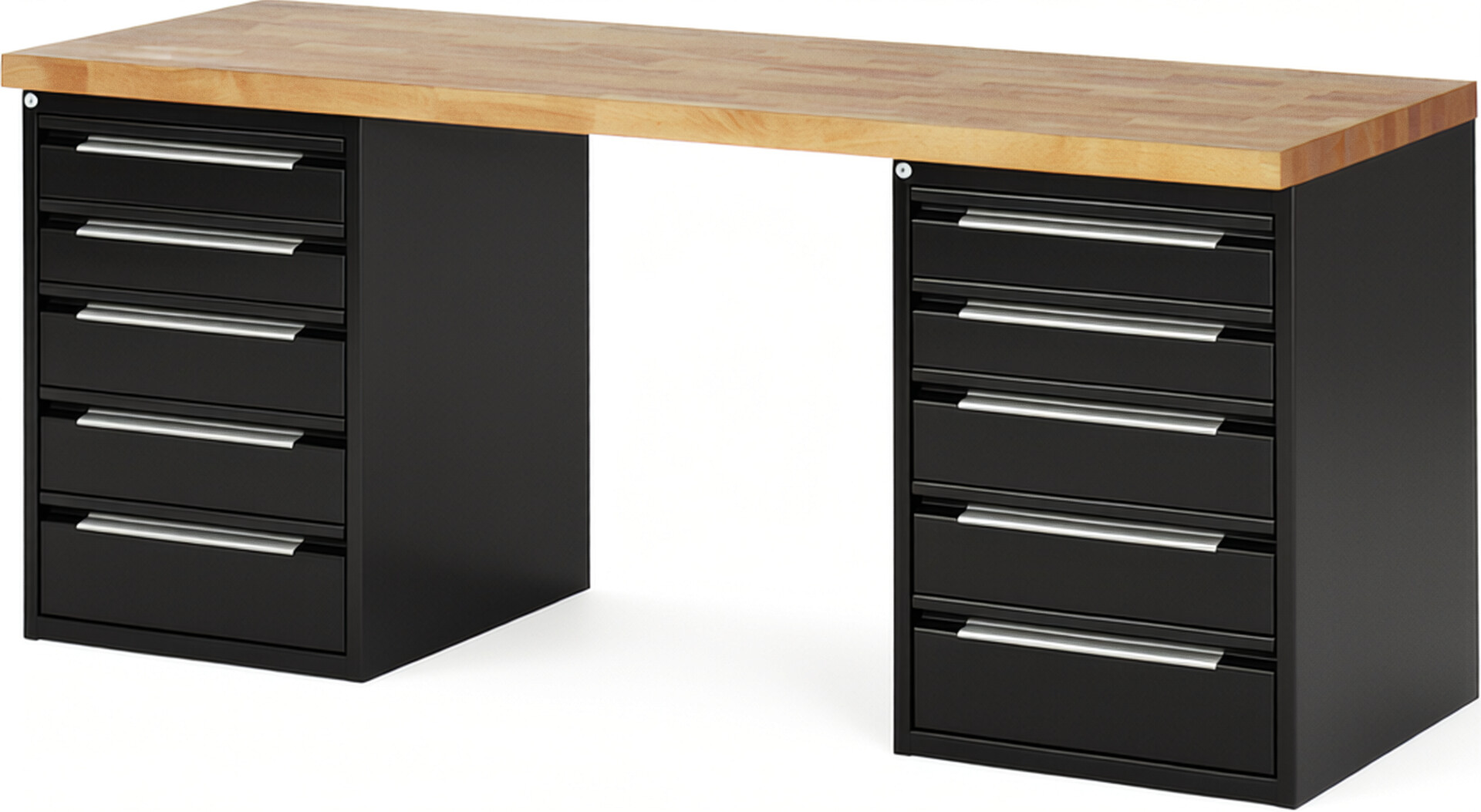 Werkbank - Modell 7513 BASIC schwarz, BxTxH 2000x700x890 mm,  Buche-Massiv Arbeitsplatte 40 mm,  10 Schubladen mit  Auszug 90 %
