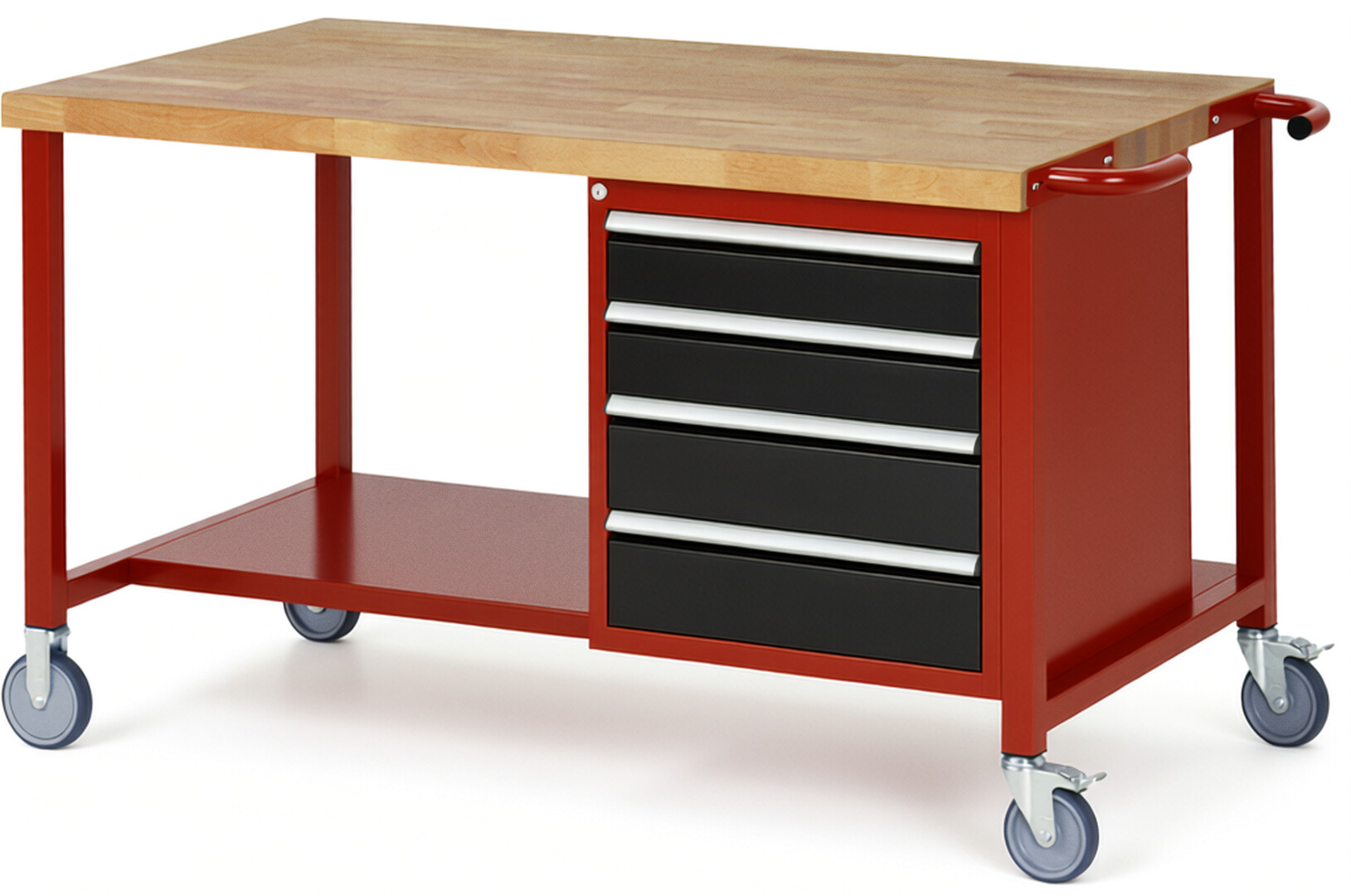 Fahrbare Werkbank Modell 8162 rot - schwarz, BxTxH 1500x900x880 mm,  Buche-Massiv Arbeitsplatte 40 mm,  4 Schubladen mit  Vollauszug 100 % und  SoftClosing