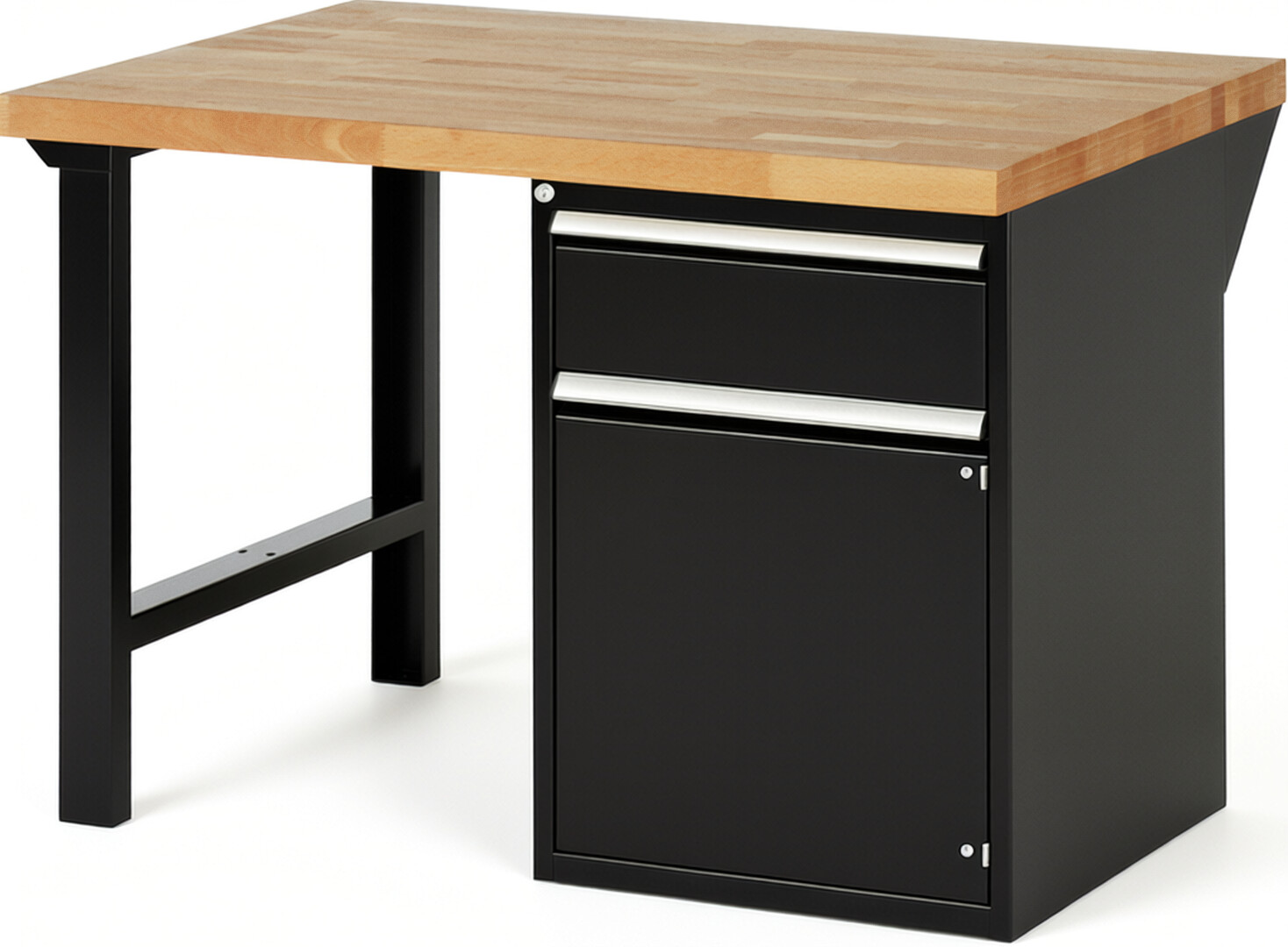 Werkbank Modell 7502 schwarz, BxTxH 1250x900x890 mm,  Buche-Massiv Arbeitsplatte 40 mm,  1 Schublade mit  Vollauszug 100 % und  SoftClosing