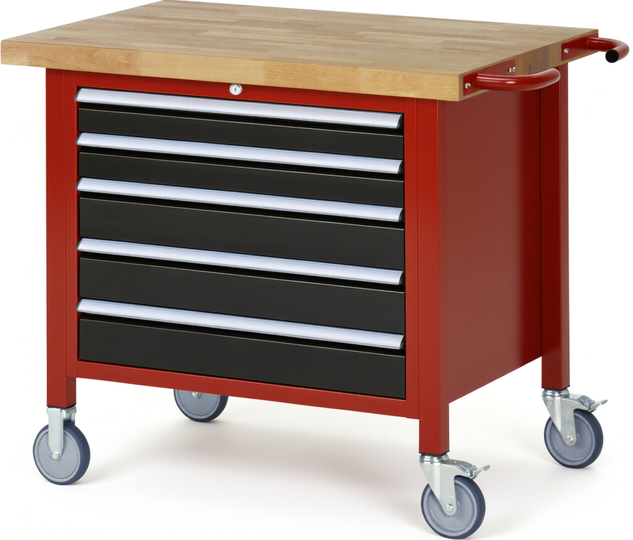 Fahrbare Werkbank Modell 8271 rot - schwarz, BxTxH 1000x700x880 mm,  Buche-Massiv Arbeitsplatte 40 mm,  5 Schubladen mit  Auszug 90 %