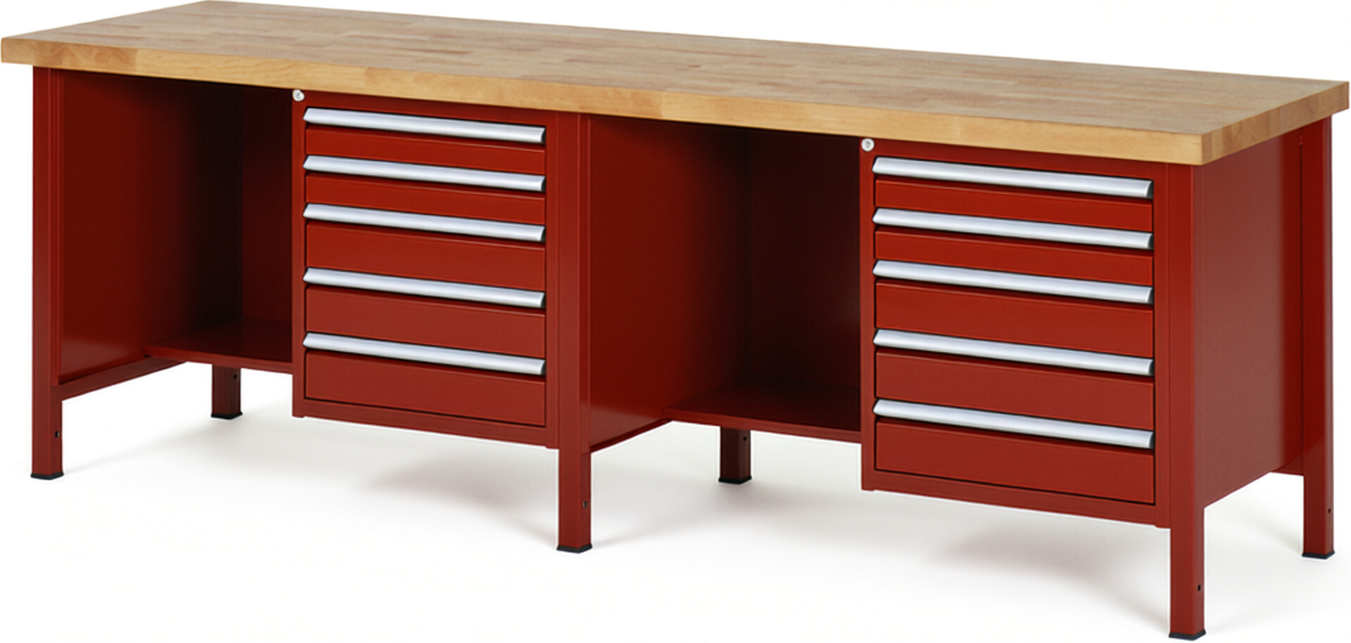 Werkbank Modell 8454 rot, BxTxH 2500x700x840-1040 mm,  Buche-Massiv Arbeitsplatte 40 mm,  10 Schubladen mit  Vollauszug 100 % und  SoftClosing