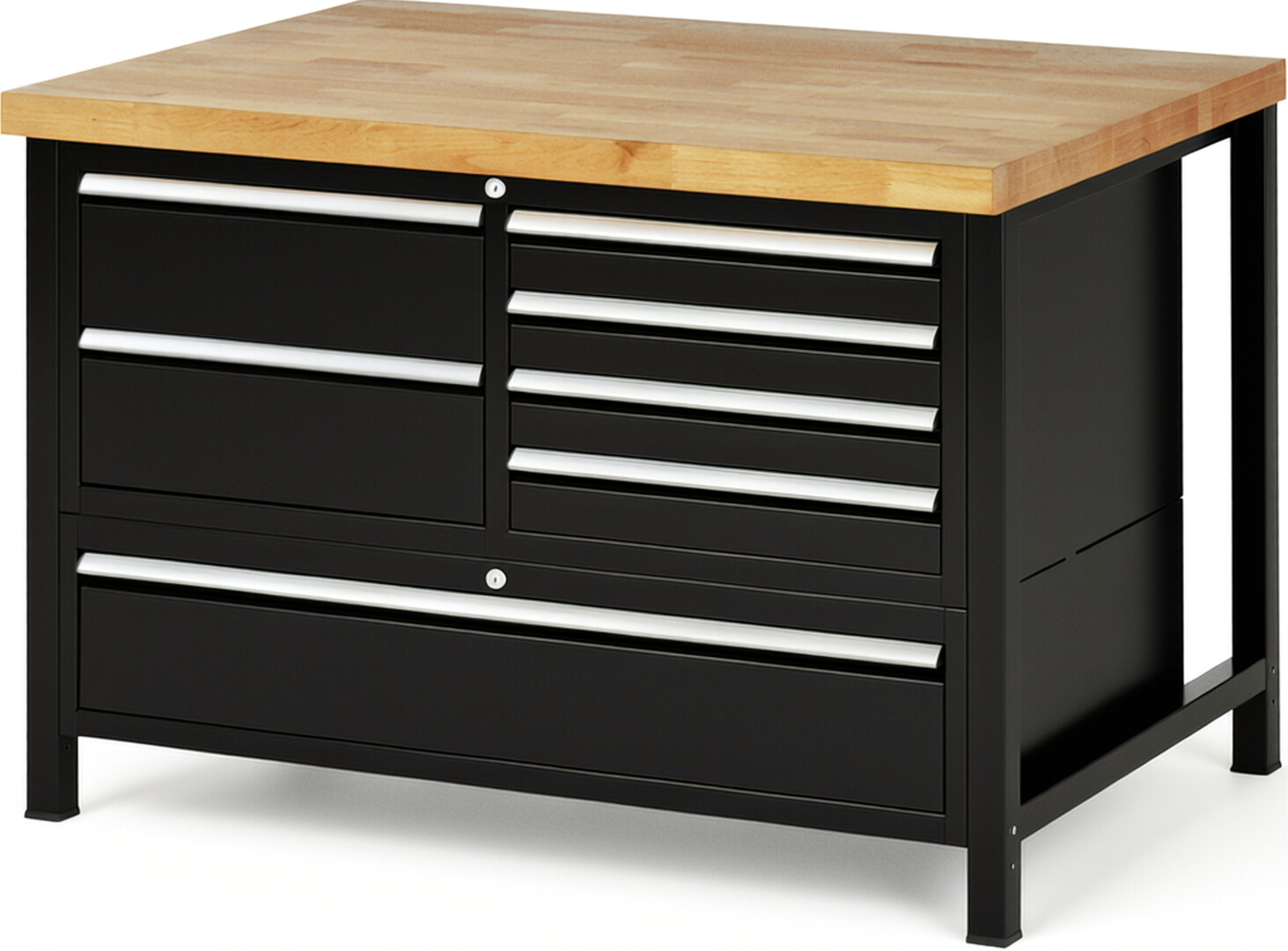 Werkbank Modell 8931 schwarz, BxTxH 1250x900x840 mm,  Buche-Massiv Arbeitsplatte 40 mm,  7 Schubladen mit  Vollauszug 100 % und  SoftClosing