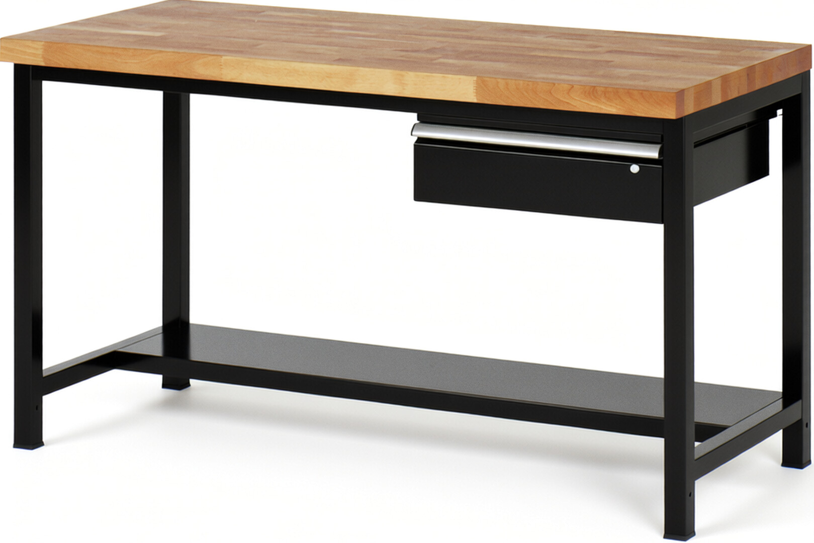 Werkbank Modell 8001 schwarz, BxTxH 1500x700x840 mm,  Buche-Massiv Arbeitsplatte 40 mm,  1 Schublade mit  Auszug 90 %