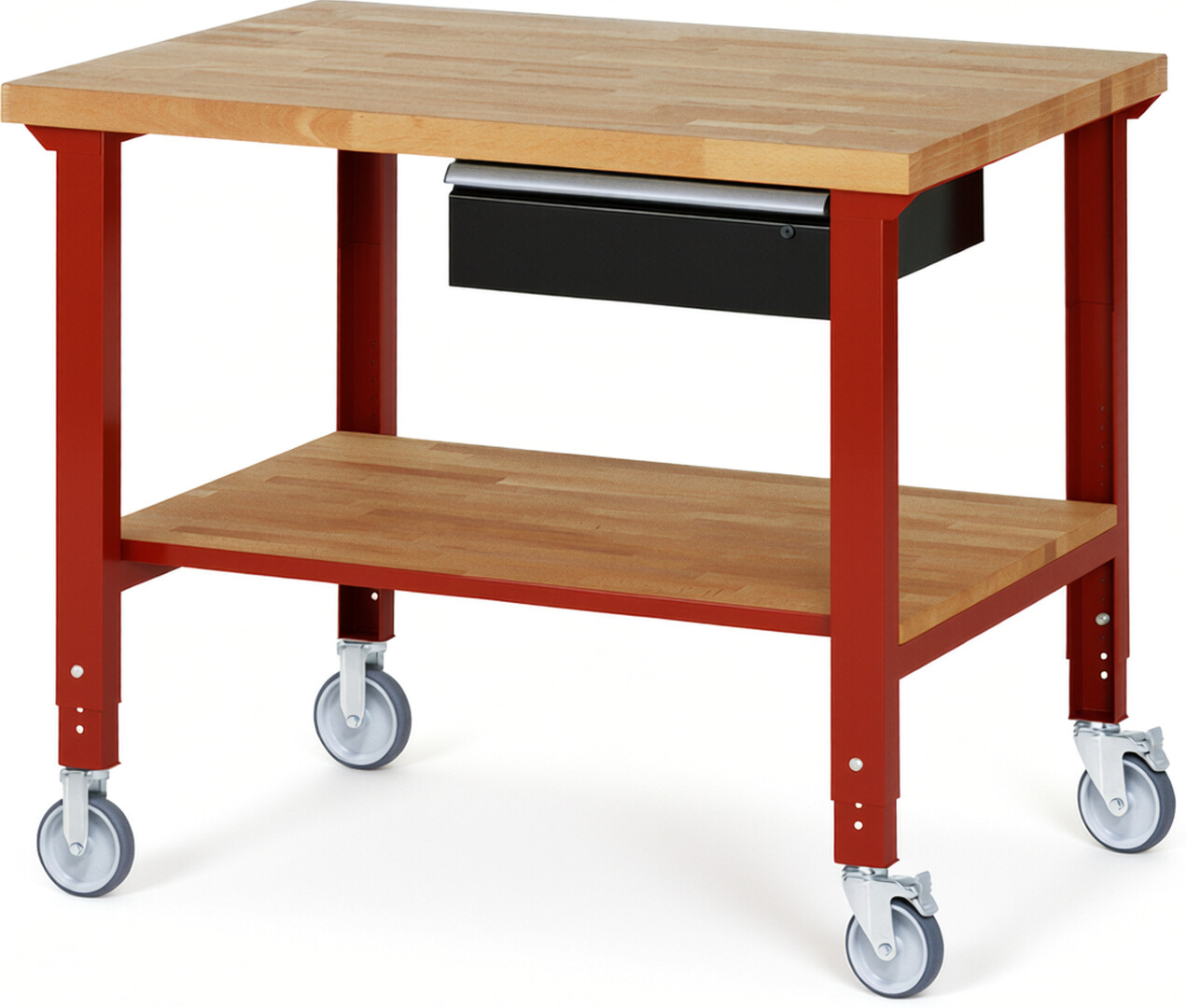Fahrbare Werkbank Modell 7001 rot - schwarz, BxTxH 1250x900x950-1000 mm,  Buche-Massiv Arbeitsplatte 40 mm,  1 Schublade mit  Auszug 90 %