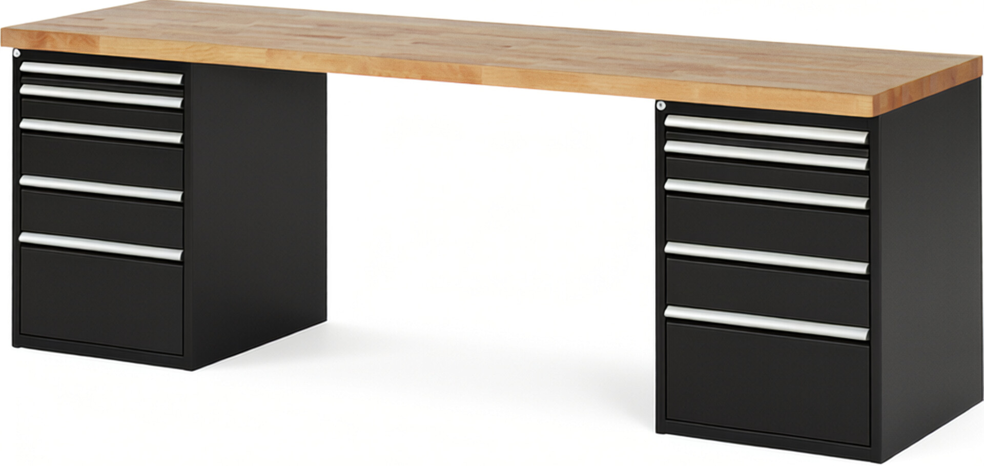 Werkbank Modell 7511 schwarz, BxTxH 2500x700x890 mm,  Buche-Massiv Arbeitsplatte 40 mm,  10 Schubladen mit  Vollauszug 100 % und  SoftClosing