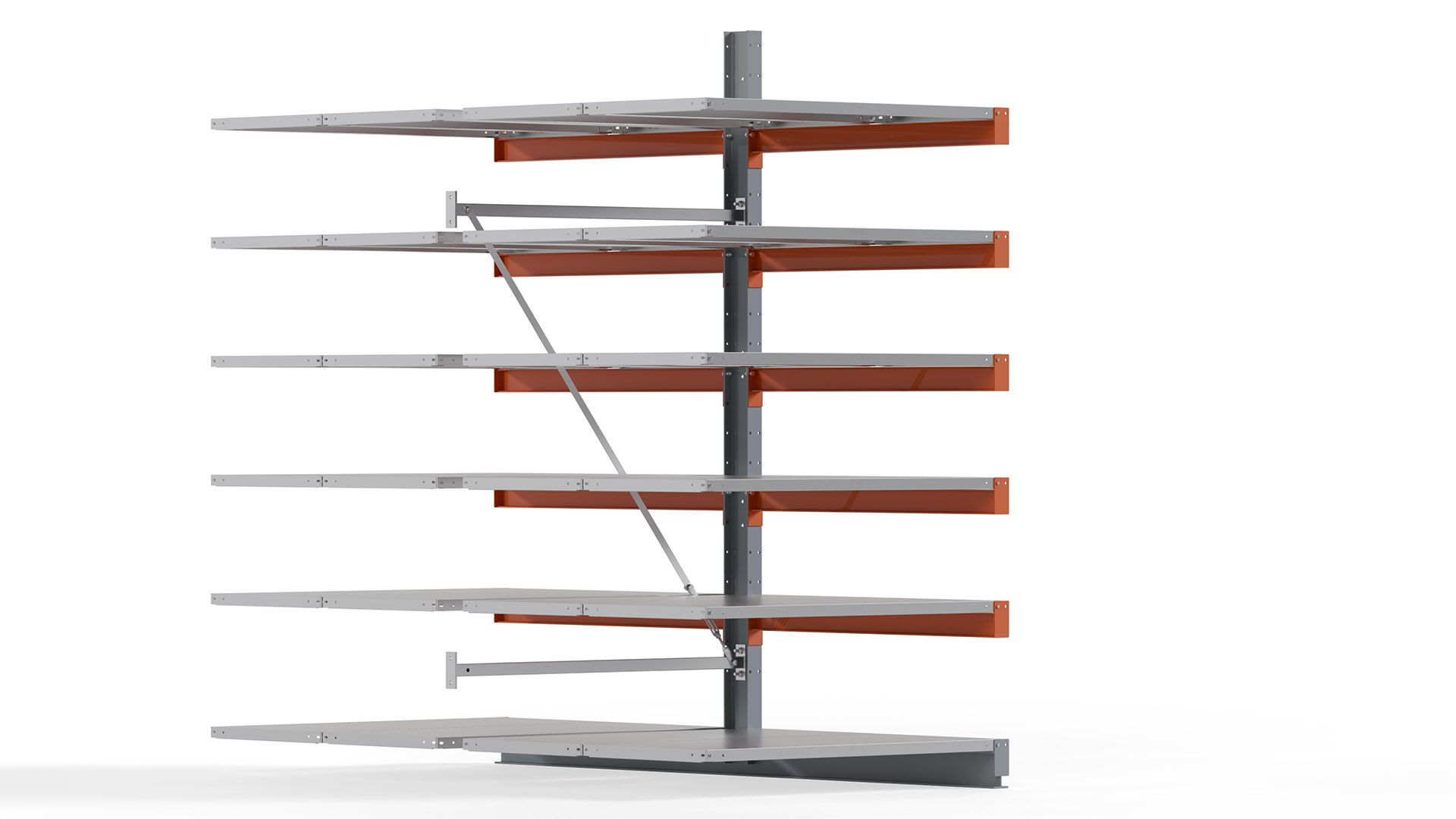 Kragarmregal KARL basic - Anbaufeld - Breite: 128 cm - Höhe: 250 cm - Tiefe: 252 cm - Traglast je Arm: 370 kg - doppelseitig