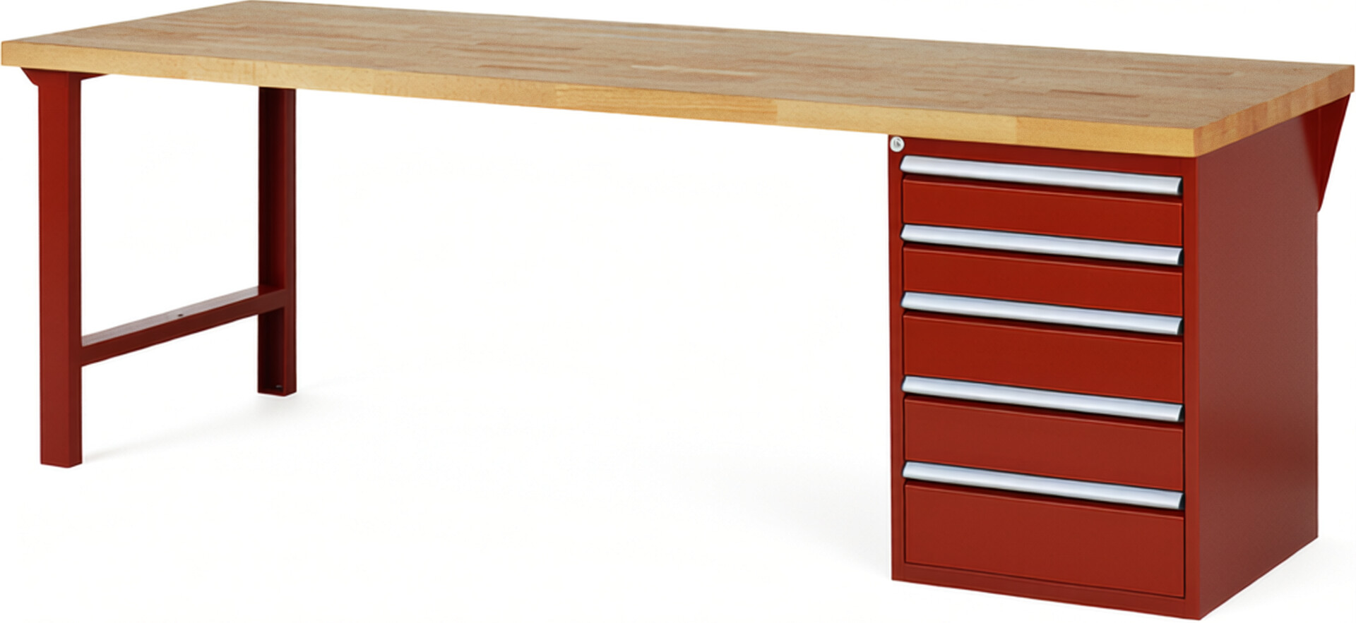 Werkbank Modell 7513 rot, BxTxH 2500x900x890 mm,  Buche-Massiv Arbeitsplatte 40 mm,  5 Schubladen mit  Auszug 90 %