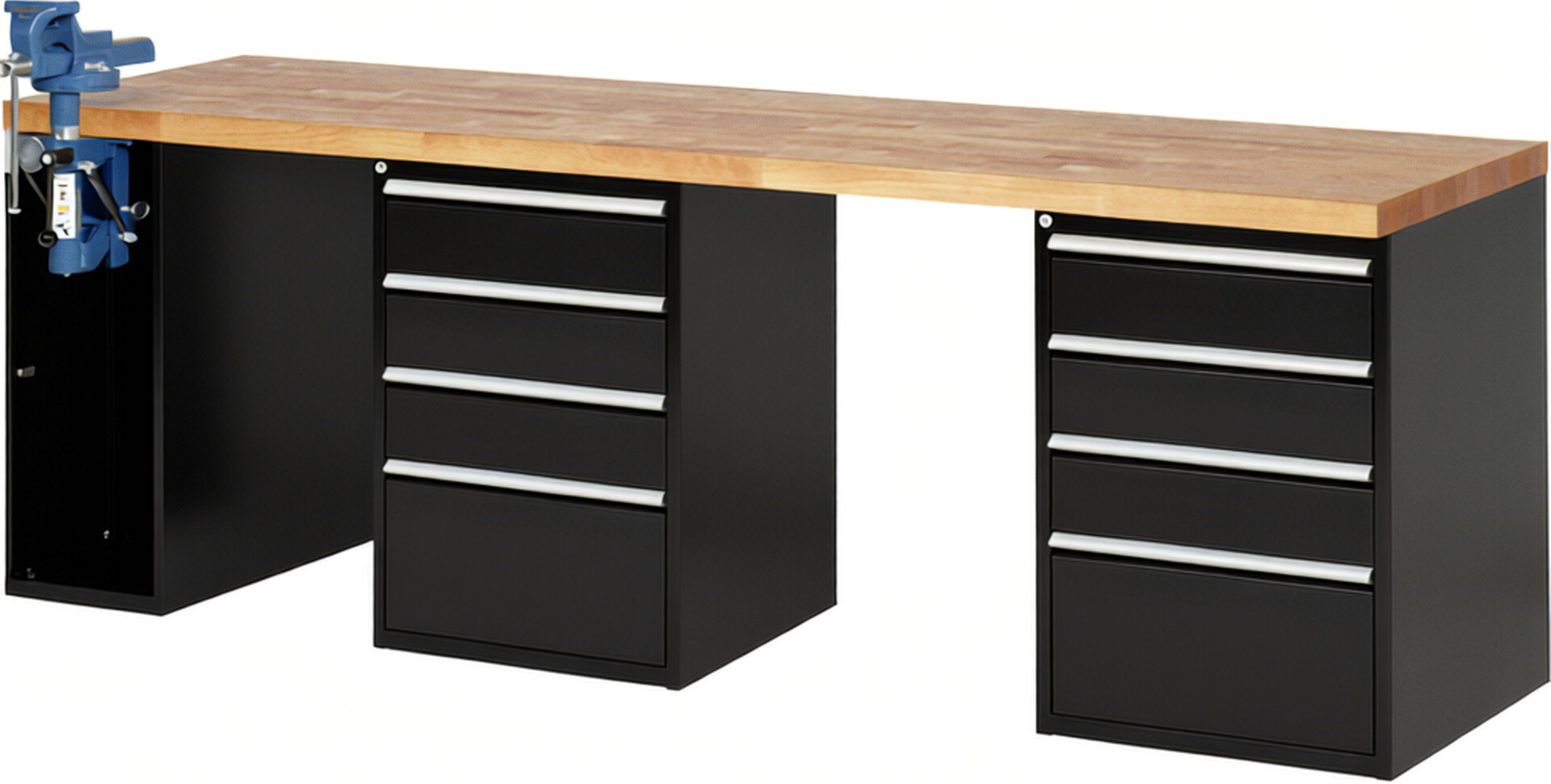 Werkbank Modell 7510 schwarz, BxTxH 2500x700x890 mm,  Buche-Massiv Arbeitsplatte 40 mm,  8 Schubladen mit  Auszug 90 %