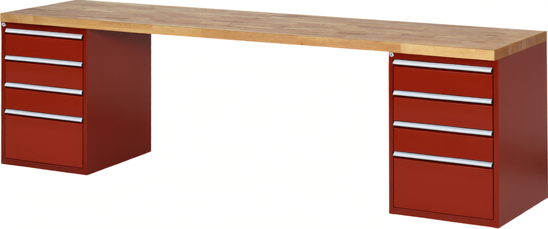 Werkbank Modell 7510 rot, BxTxH 3000x700x890 mm,  Buche-Massiv Arbeitsplatte 40 mm,  8 Schubladen mit  Auszug 90 %
