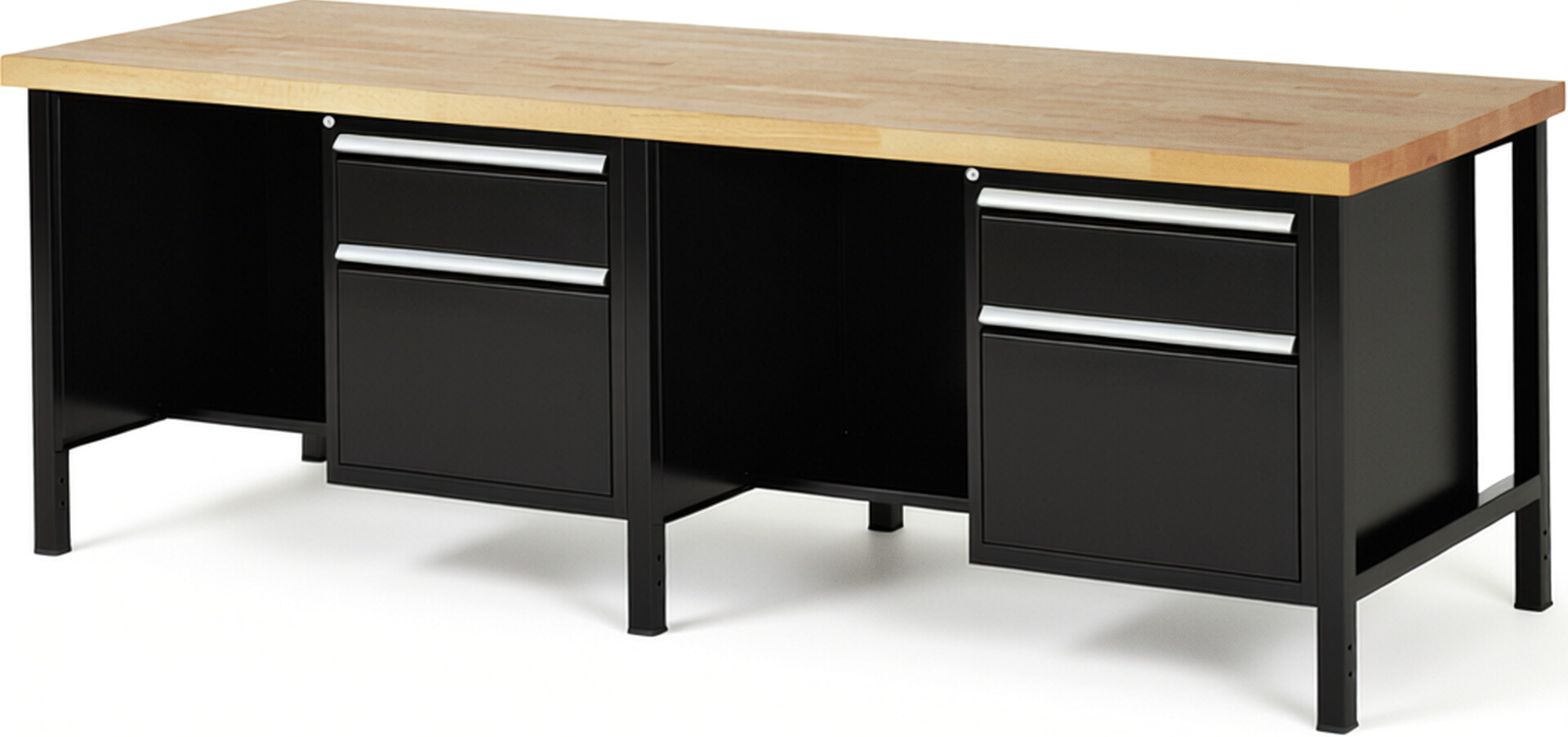 Werkbank Modell 8451 schwarz, BxTxH 2500x900x840 mm,  Buche-Massiv Arbeitsplatte 40 mm,  4 Schubladen mit  Auszug 90 %