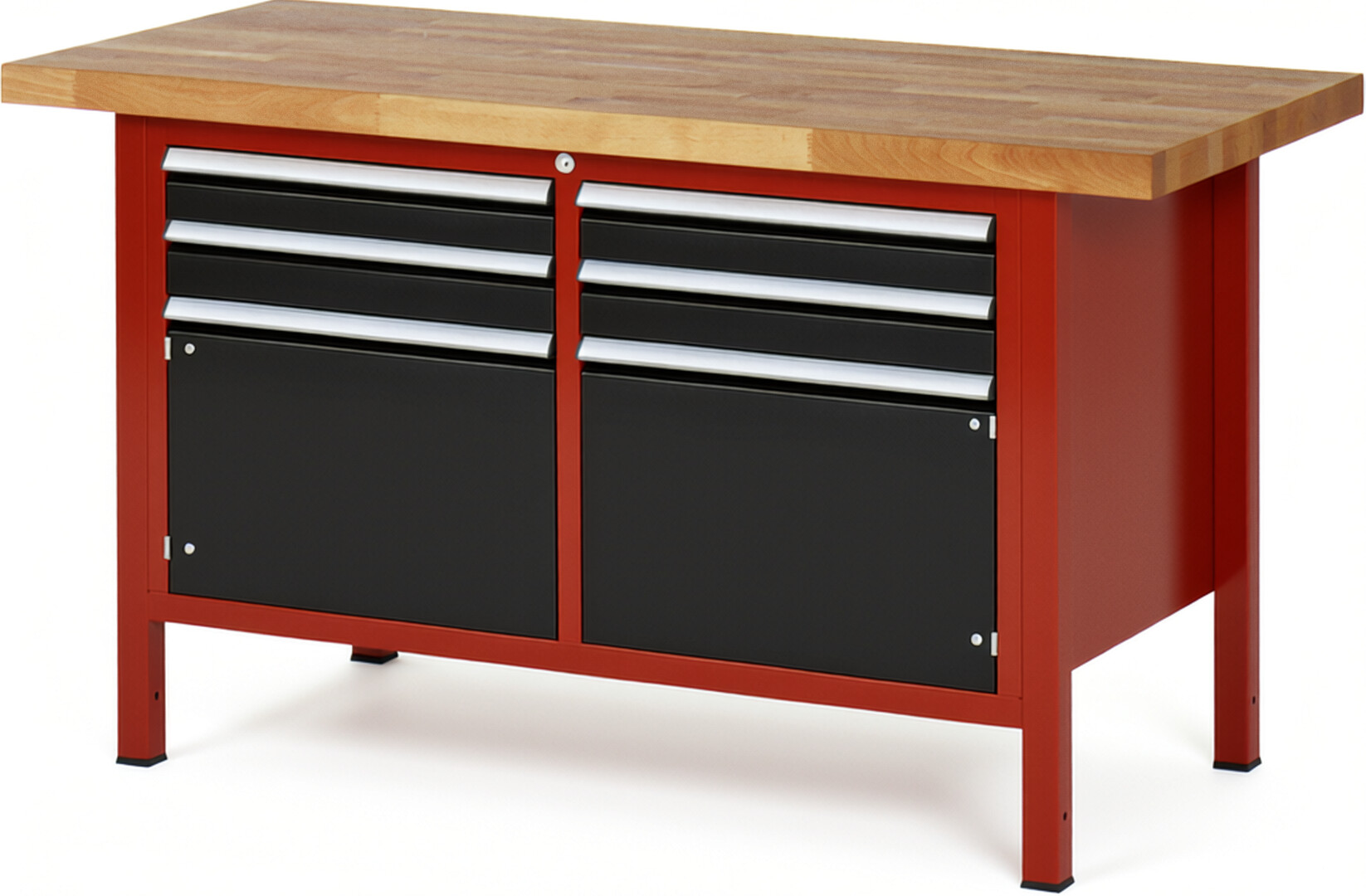 Werkbank Modell 8469 rot - schwarz, BxTxH 1500x700x840 mm,  Buche-Massiv Arbeitsplatte 40 mm,  4 Schubladen mit  Auszug 90 %