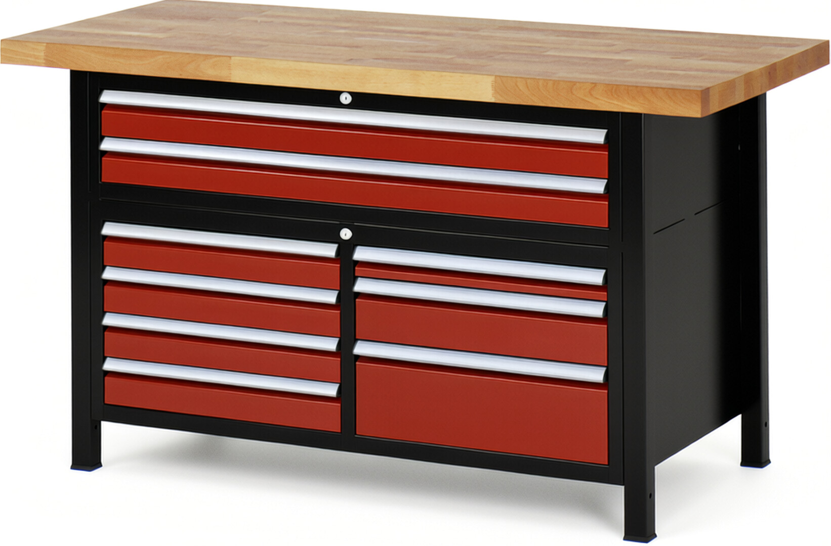 RAU Werkbank schwarz - rot - Breite 150 cm - Tiefe 70 cm - Höhe 104 cm - Buche-Massiv Arbeitsplatte 40 mm