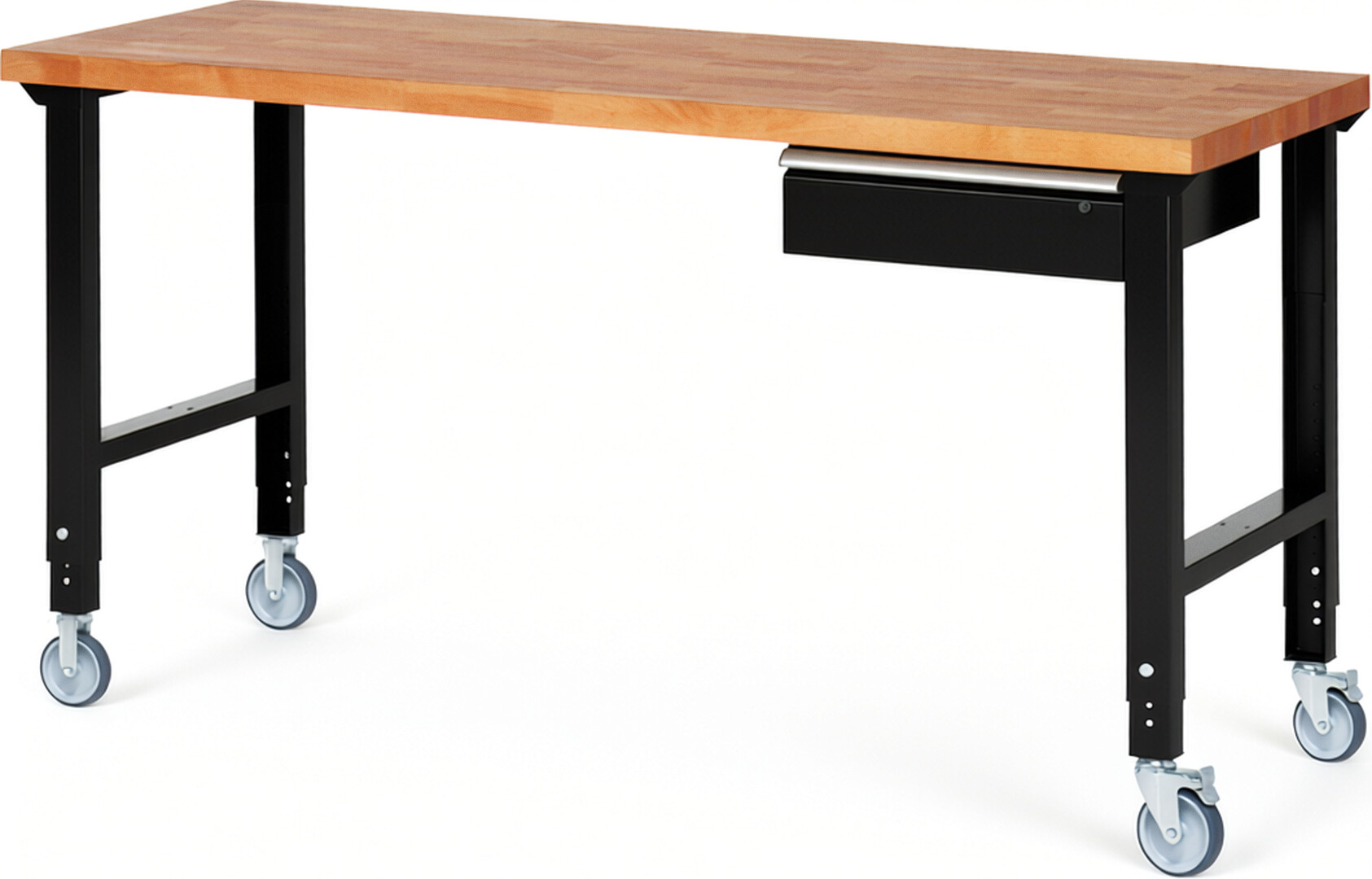 Fahrbare Werkbank Modell 7001 schwarz, BxTxH 2000x700x950-1000 mm,  Buche-Massiv Arbeitsplatte 40 mm,  1 Schublade mit  Auszug 90 %